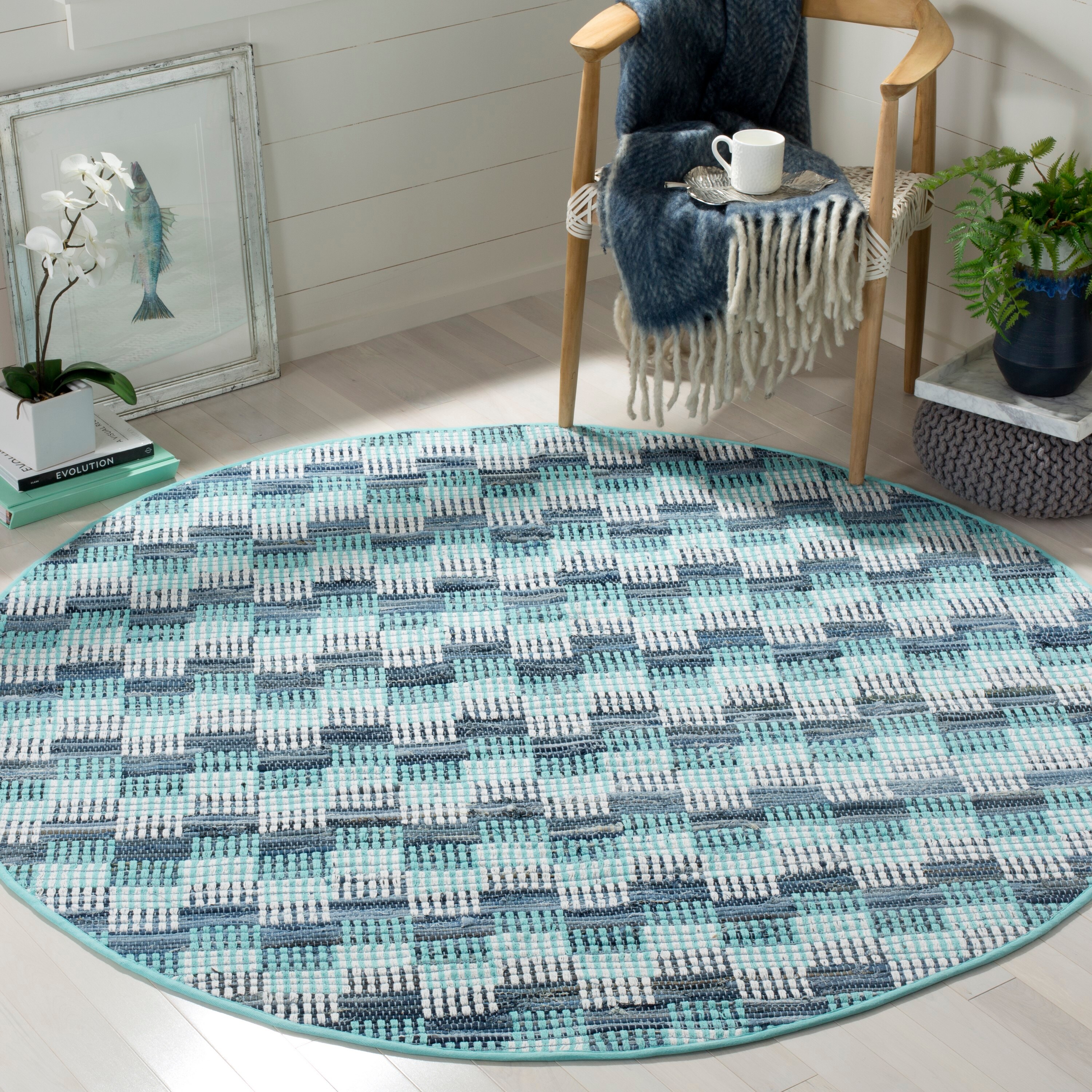 Safavieh MTK121C-4R Montauk Malibu 4 x 4 (ft) Cotton Turquoise/Multi Round Indoor Stripe Coastal Area rug