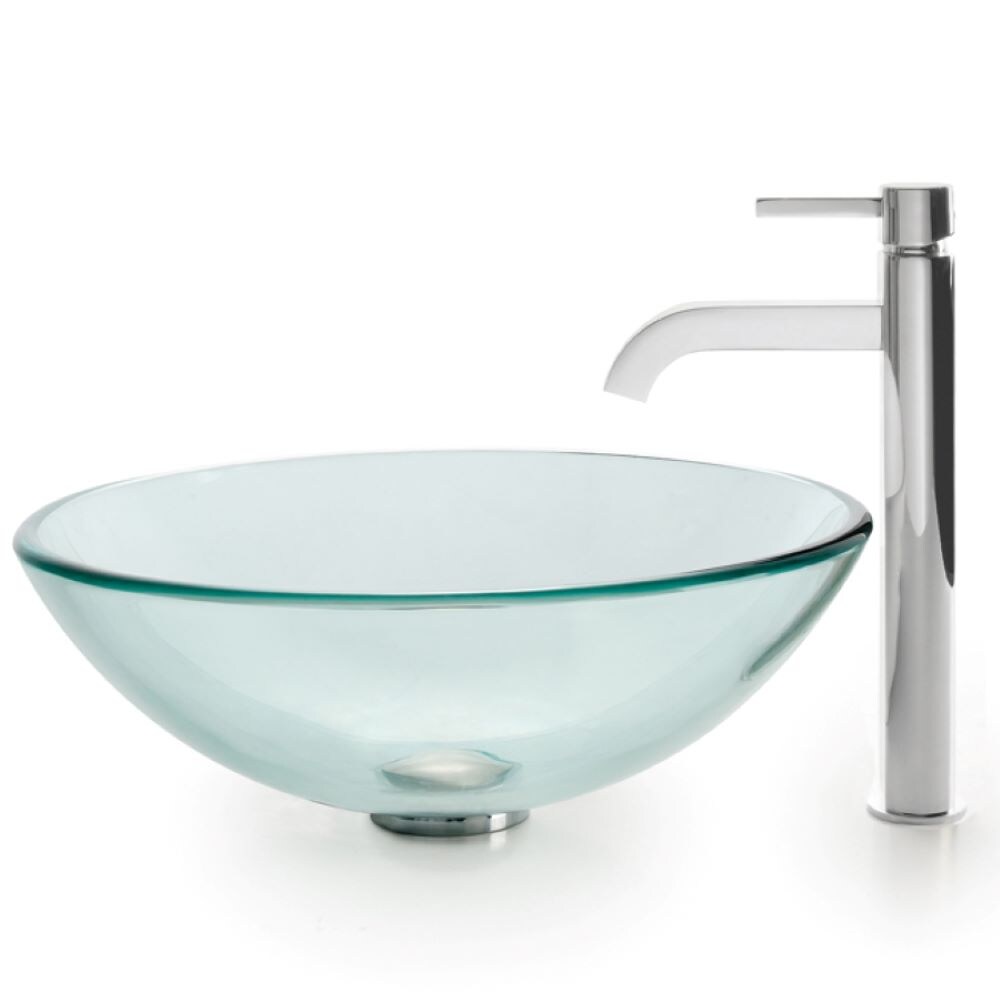 Kraus C-GV-101-12MM-1007CH Tempered glass Vessel Round Modern Clear Bathroom Sink with Faucet Included with Drain Included ( 16.5-Inches x 16.5-Inches )