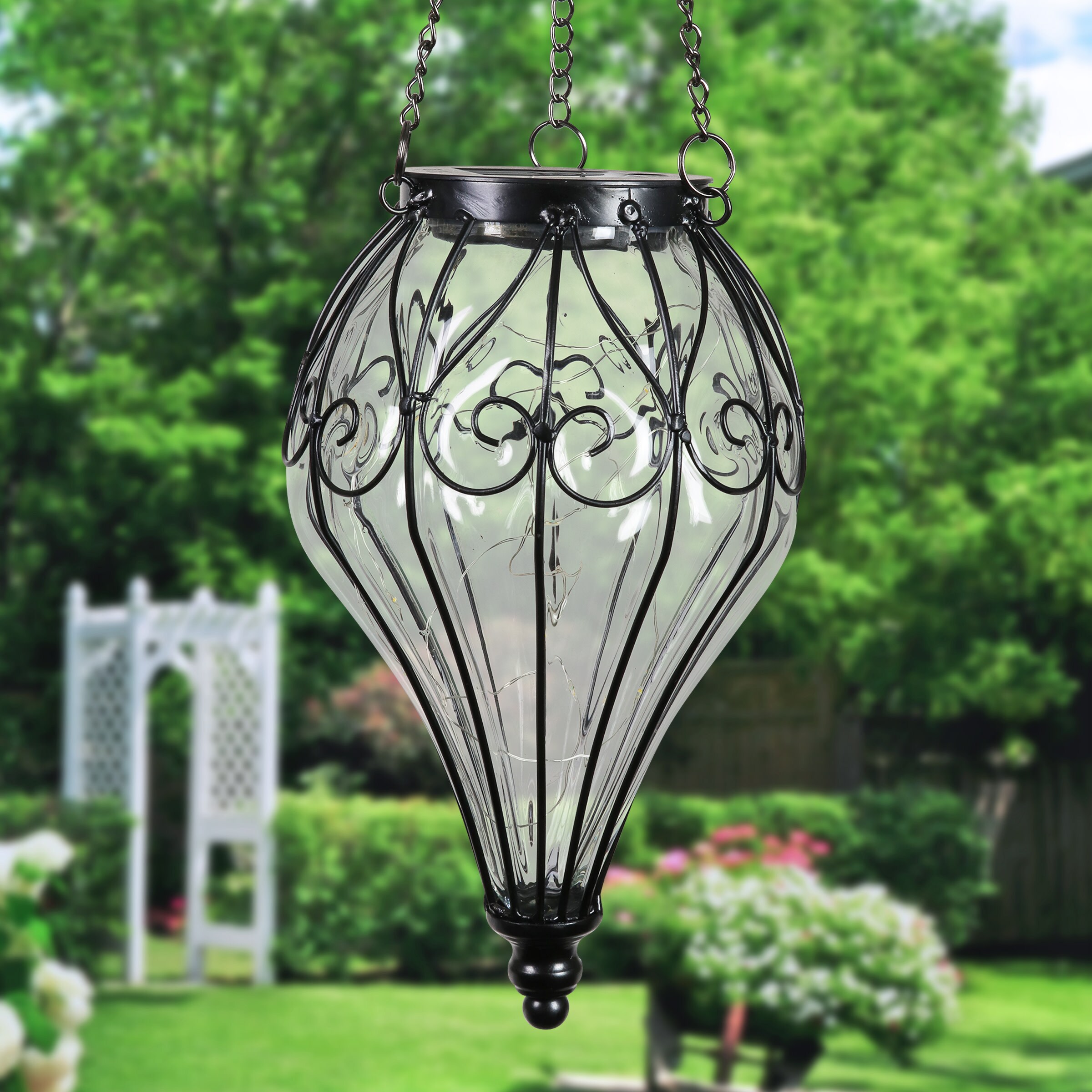 Elegant Clear Glass Solar Hanging Lantern with LED Lights