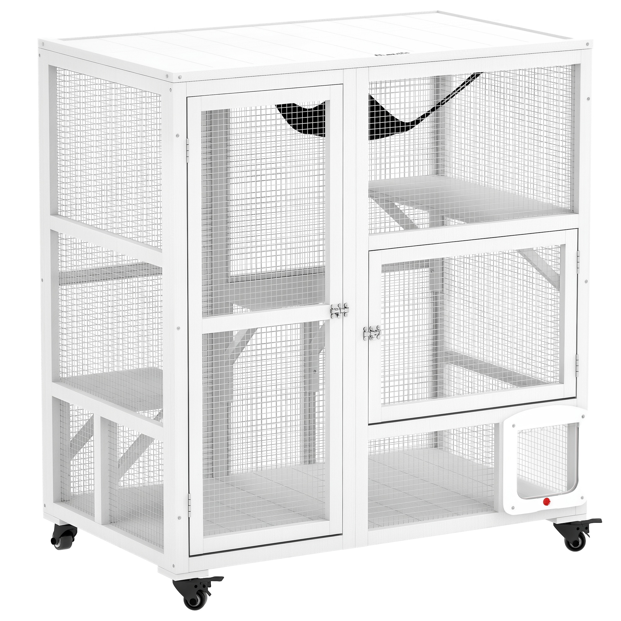 PawHut  Indoor Wooden Catio Cat House Cat Enclosure on Wheels with 3 Platforms Hammock Cat Flap Door  Openable Top Luxury Kitty House for 2 Cats 39inch White