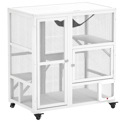PawHut Indoor Wooden Catio Cat House Cat Enclosure on Wheels with 3 Platforms Hammock Cat Flap Door Openable Top Luxury Kitty House for 2 Cats 39inch White