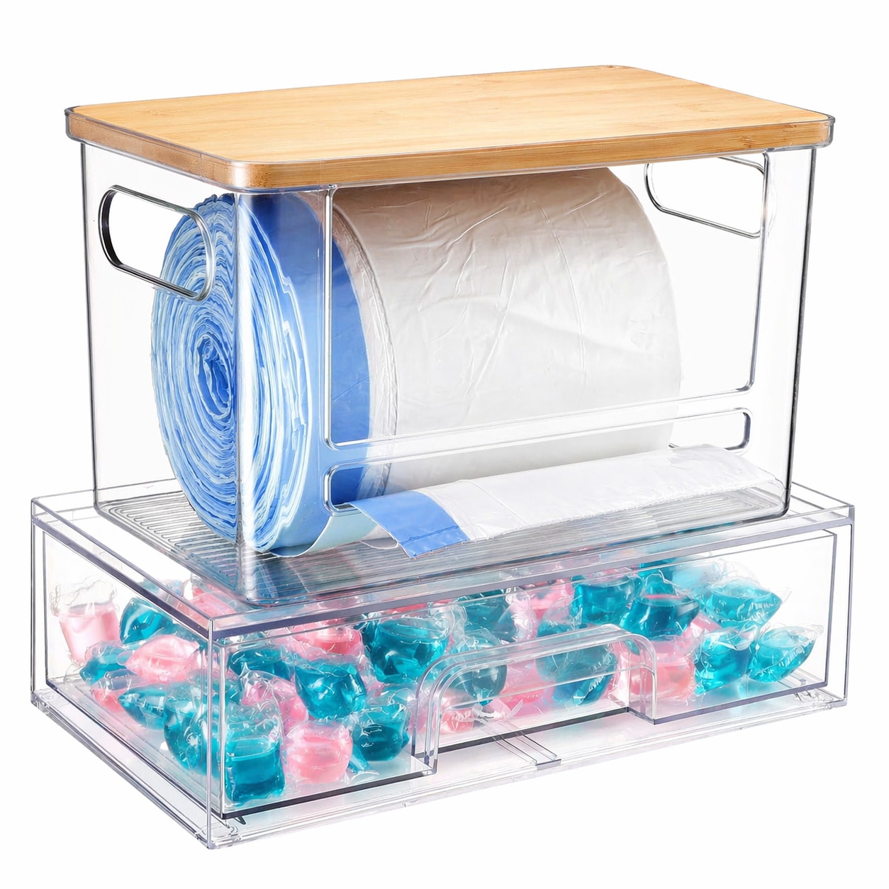 Paradigms Interiors 2pcs Stackable Under Sink Trash Bag Holder Laundry Pod Storage Dispenser