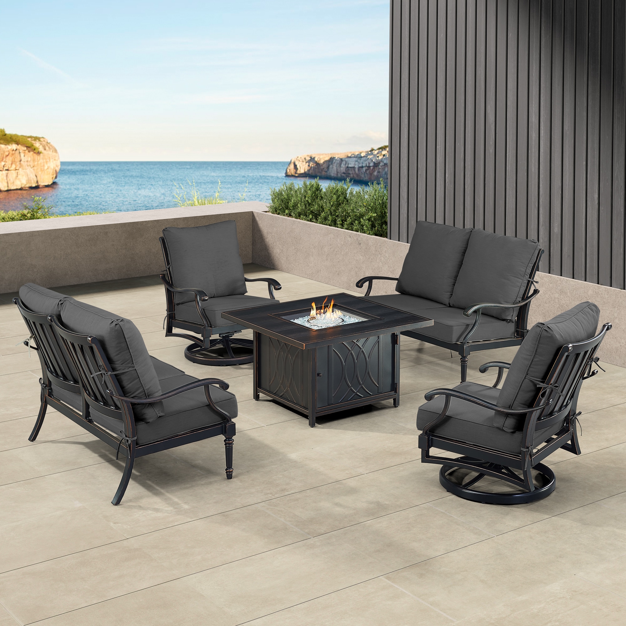 Oakland Living SHACO2LS2CHCAVEBKCU Fire Pit Table Set, Two Loveseats, Two Lounge Chairs and Wind Guard 18 -Piece Patio Conversation Set with Black Cushions