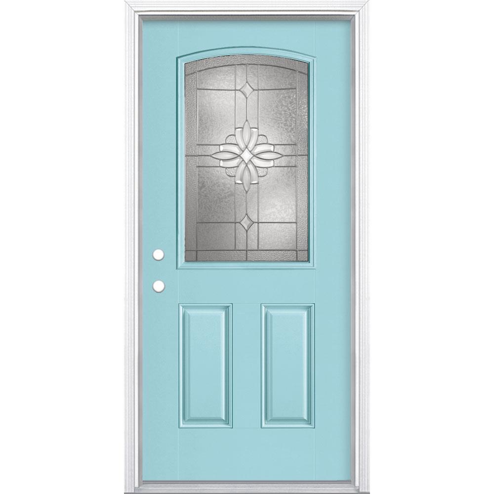 Masonite 997553 Laurel 36-in x 80-in Fiberglass Half Lite Right-Hand Inswing Caribbean Blue Painted Single Front Door with Brickmould Insulating Core