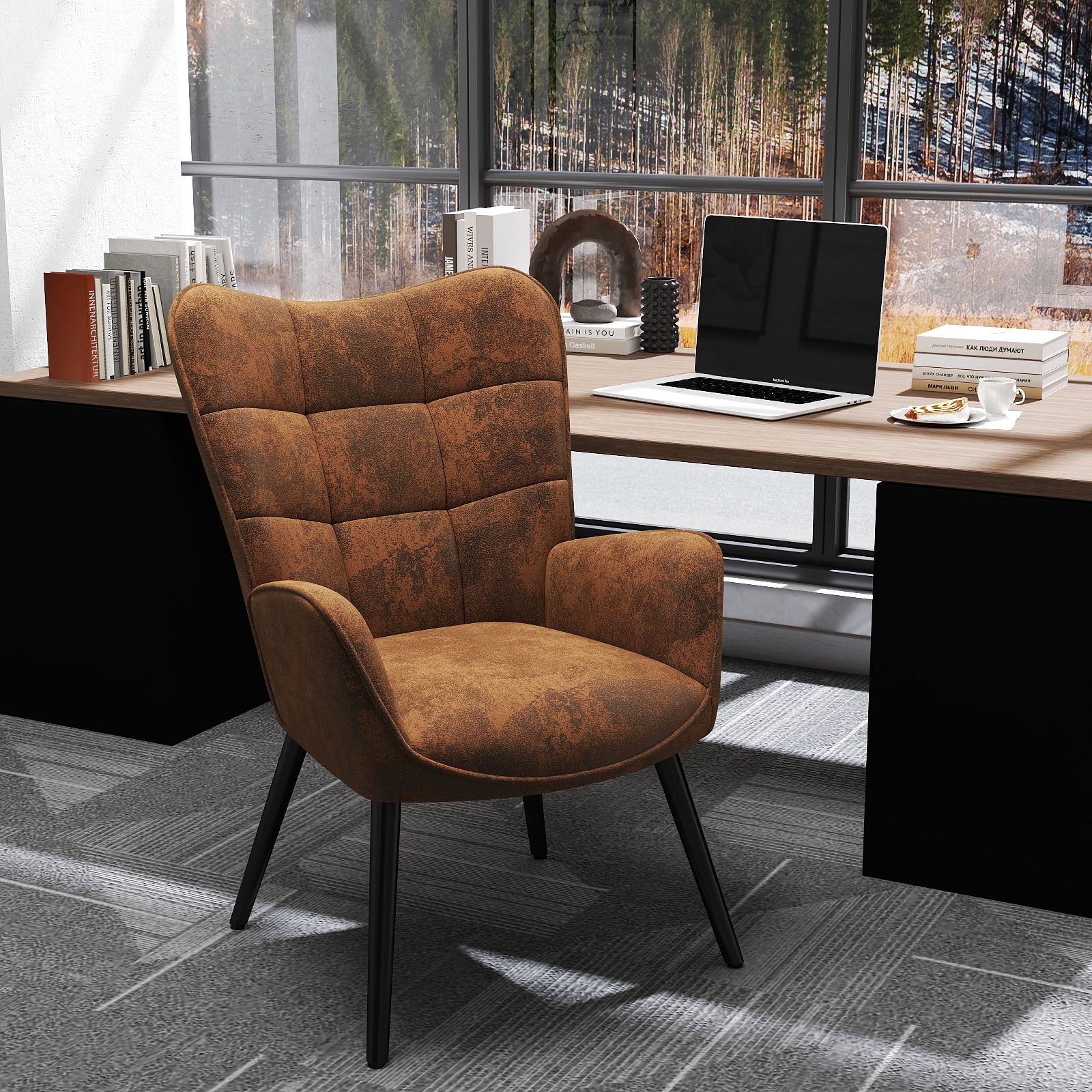 Homy Casa KAN WALNUT KAN Office Chair Upholstered in Walnut Suede with Curved Wingback Arms and Adjustable Foot Pads Ergonomic Design