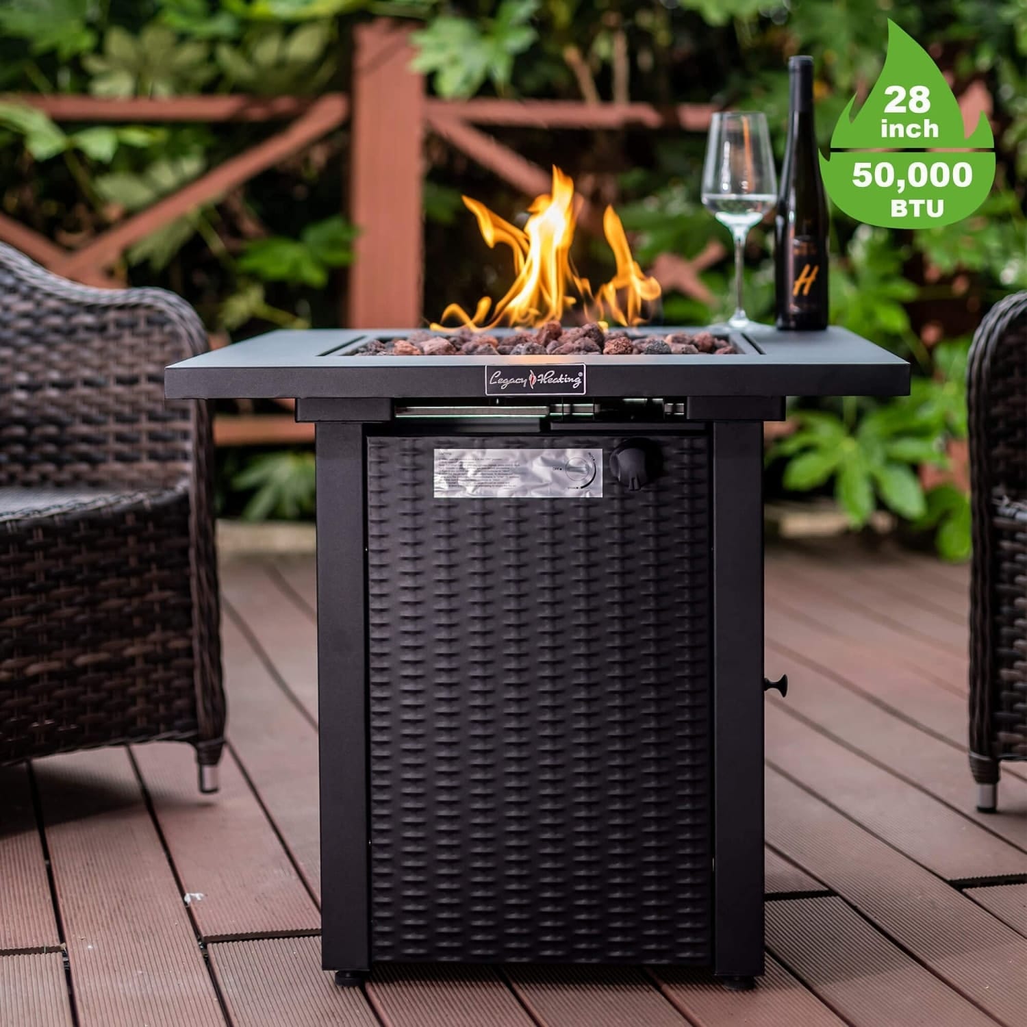 REIBII FXLS0605-511B35 28in Propane Fire Pit Table 50000BTU Outdoor Fire Table with Lid Rattan Wicker Look