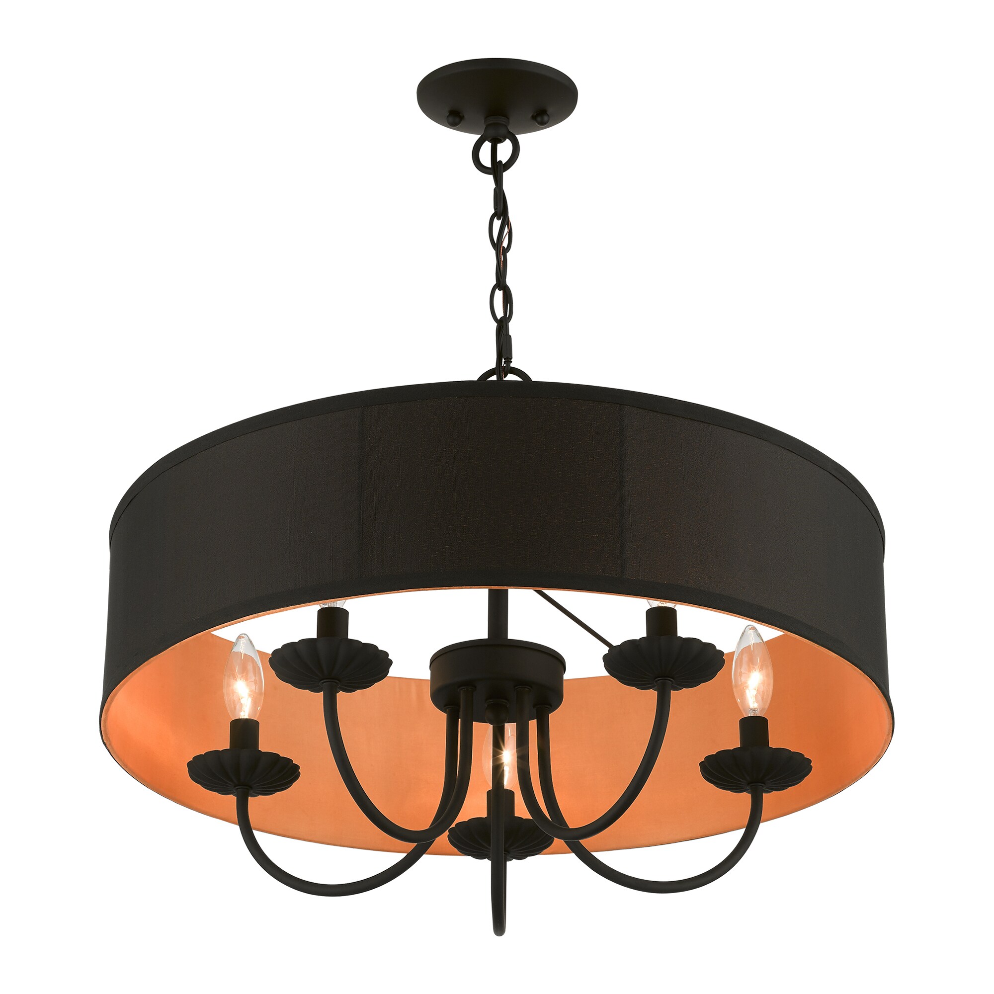 Winchester Transitional 5-Light Black Drum Pendant Chandelier with Silky Orange Inner Shade