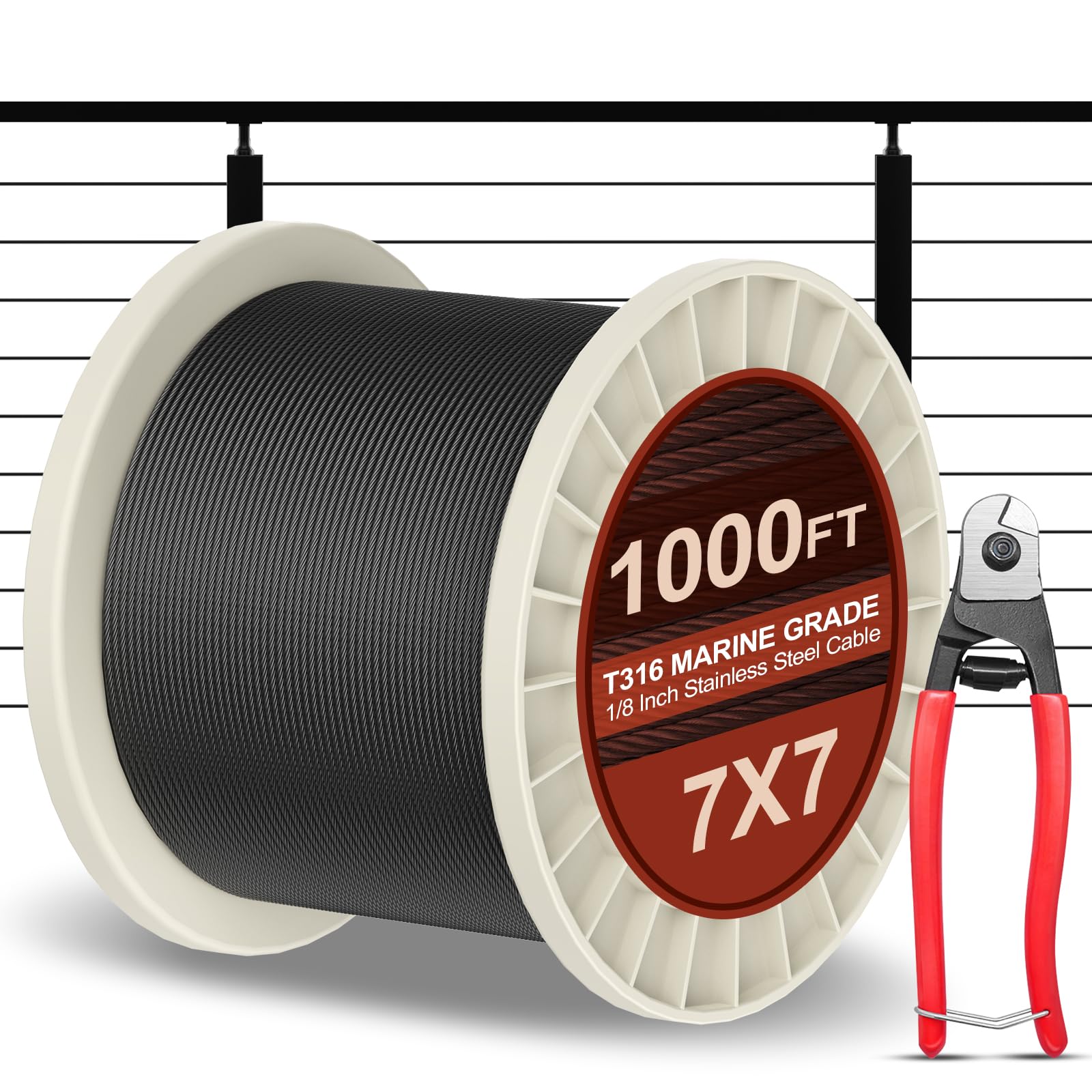 Oyezvary  Black Stainless Steel Cable 1000 Feet 1/8 Inch Diameter T316 Marine Grade Wire Rope for Deck Railing Systems durable home and garden