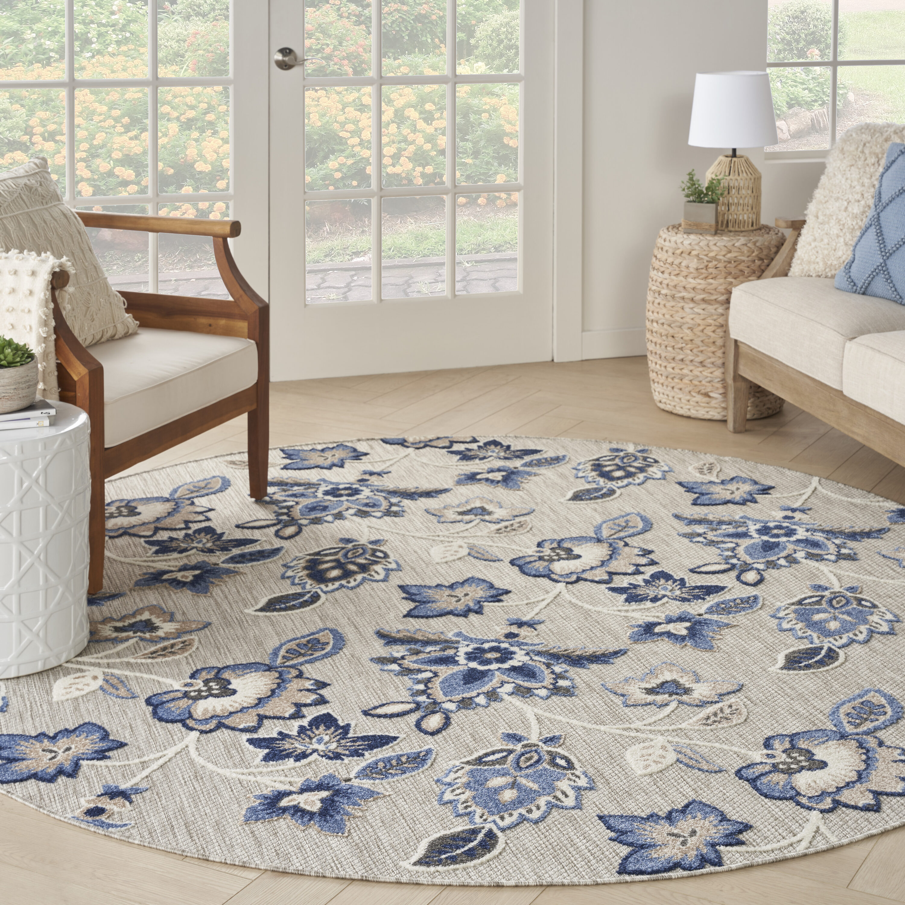 Nourison 099446169167 Aloha 8 x 8 (ft) Loomed Polypropylene Blue Grey Round Indoor/Outdoor Floral/Botanical Area rug