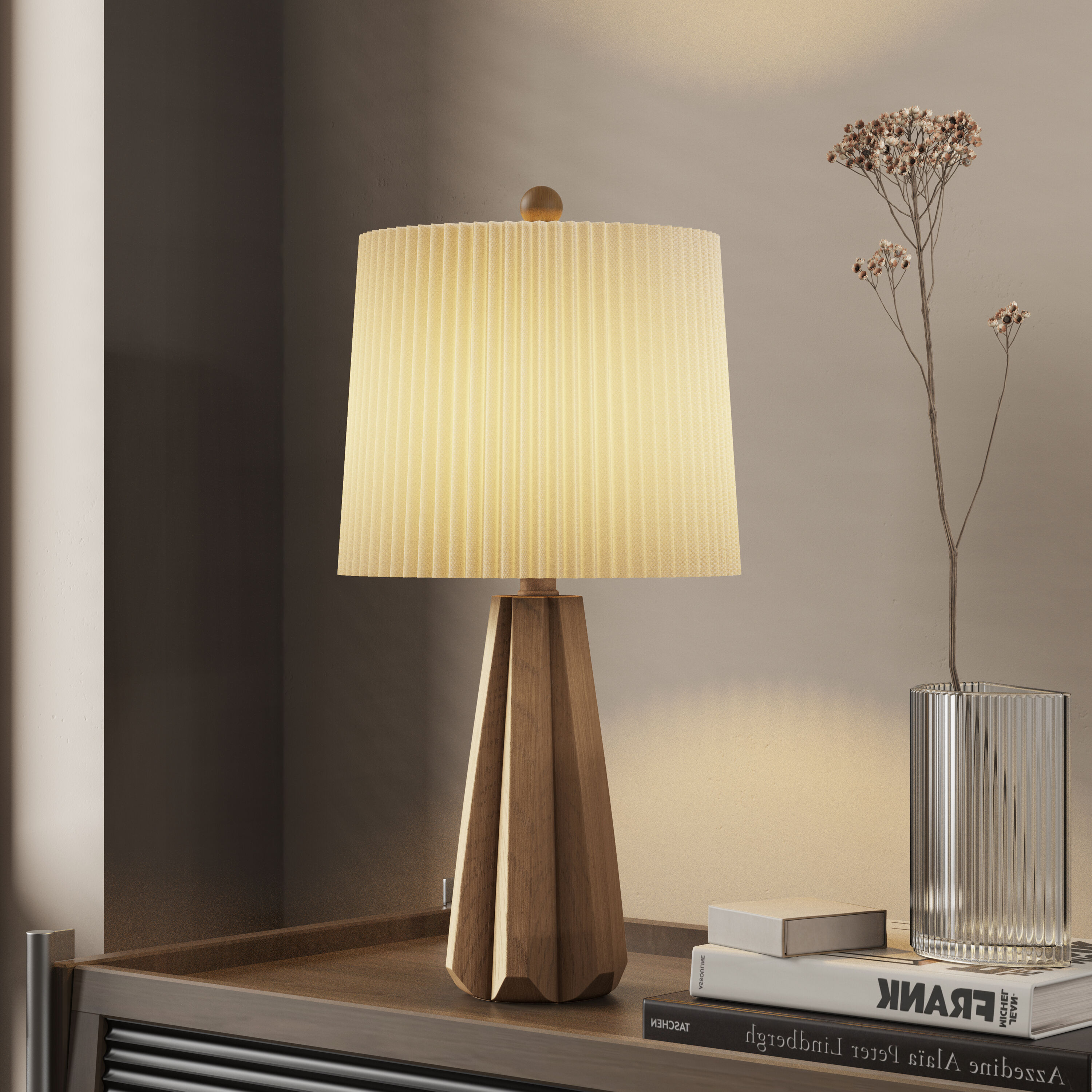 Deluxe 24" Light Brown Resin Table Lamp with White Pleated Linen Shade