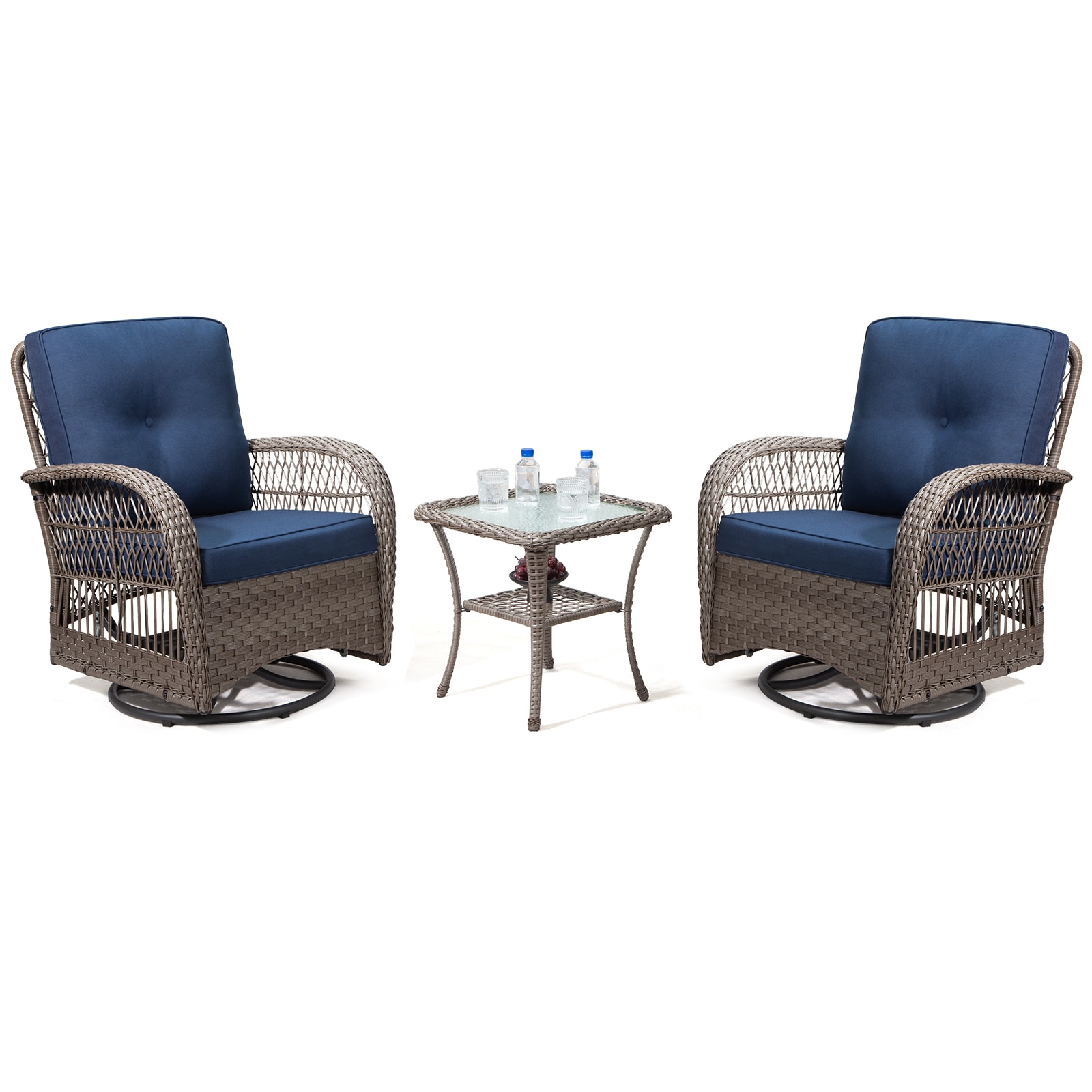 CESICIA SZ-LS-F19 Patio Chairs Set of 2 Wicker Blue Steel Frame Stationary Conversation Chair with Blue Cushioned Seat