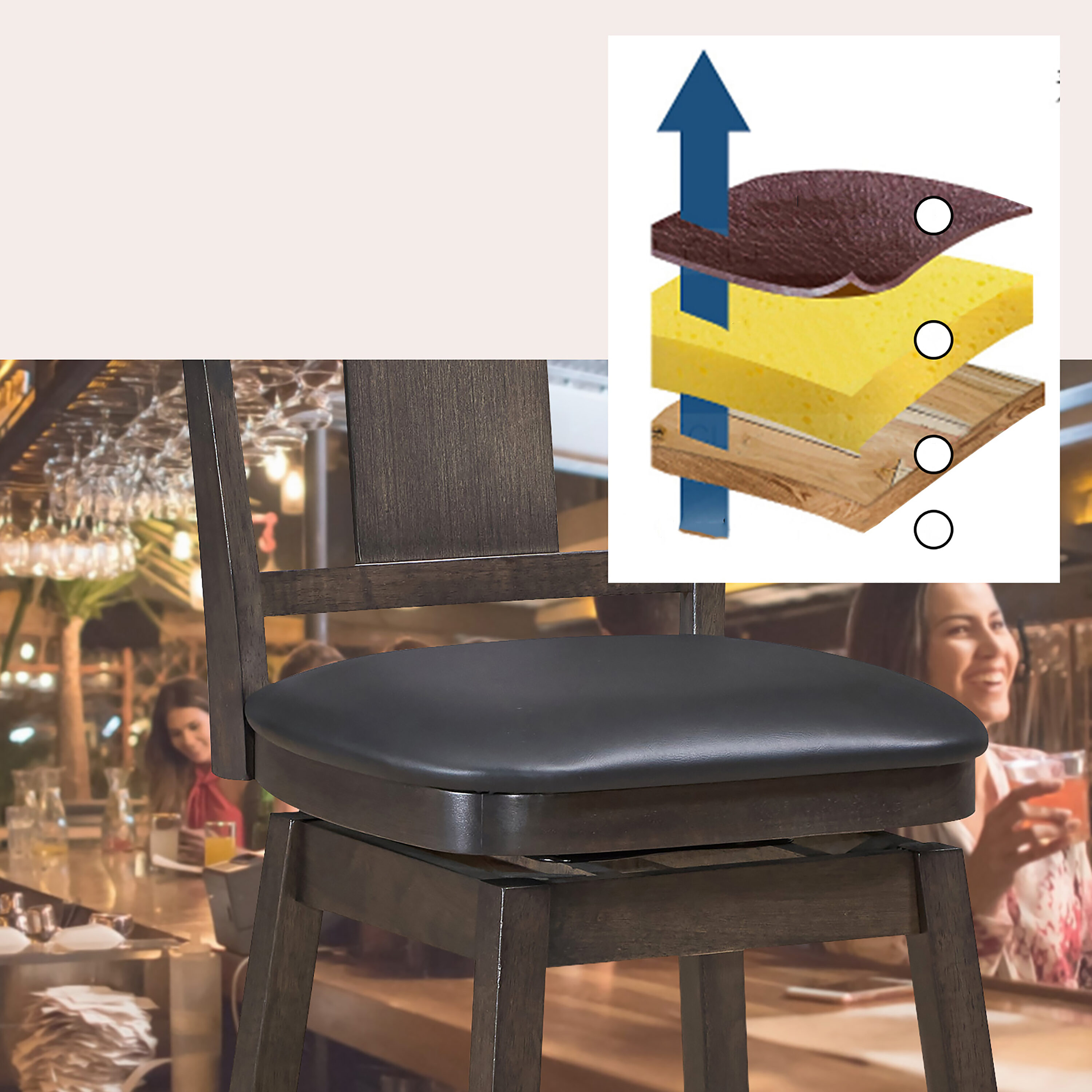 Brown Rubberwood and PVC Leather Swivel Bar Stool