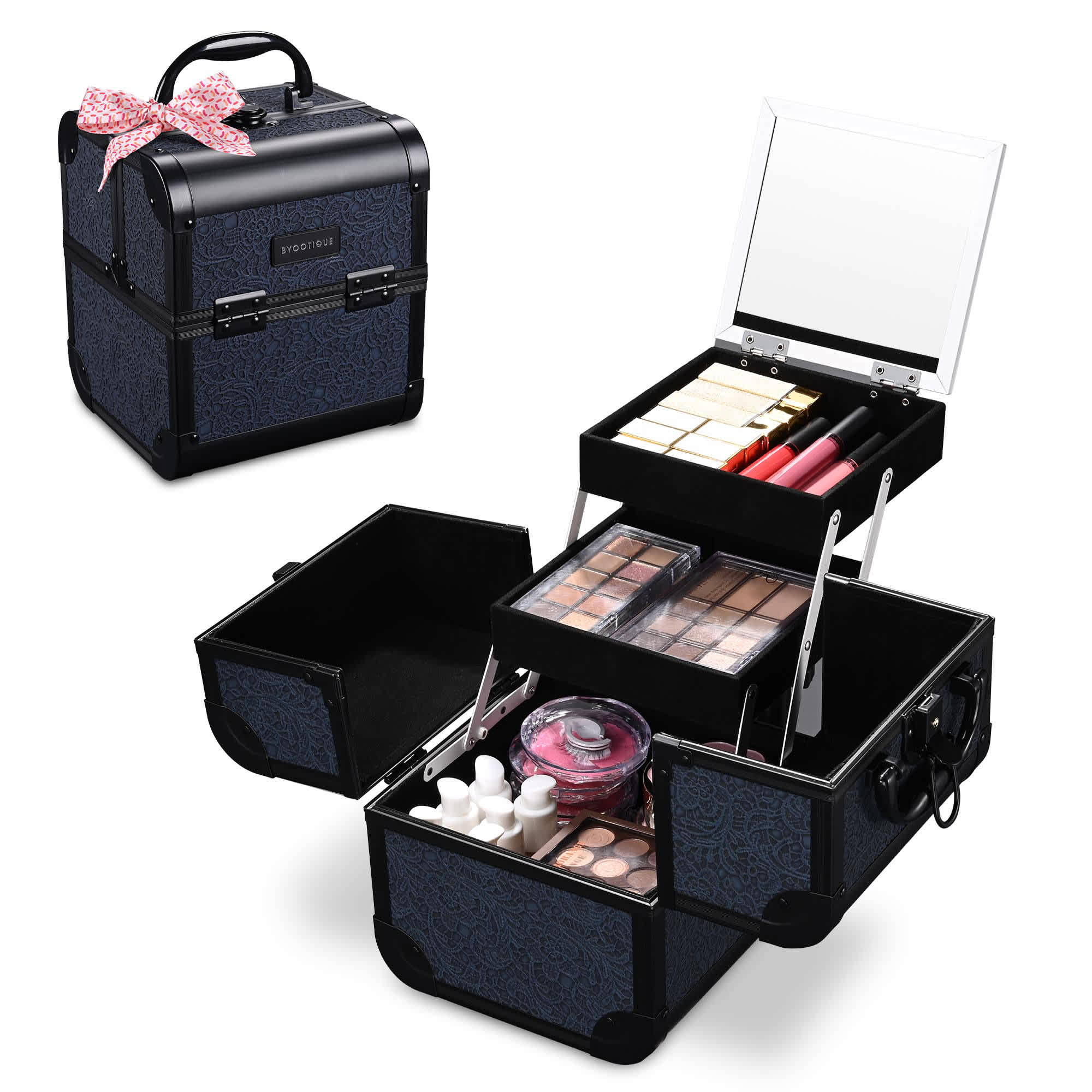 Yescom 12MKC028-S-RCC03-LO Byootique Makeup Train Case Cosmetic Organizer with Mirror Artist Rococo Midnight