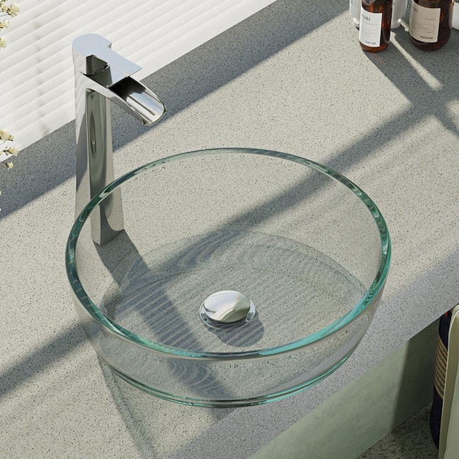 Glass Vessel Sink in Crystal with R9-7007 Faucet and Pop-Up Drain in Chrome Glass Vessel Sink in Crystal with R9-7007 Faucet and Pop-Up Drain in Chrome