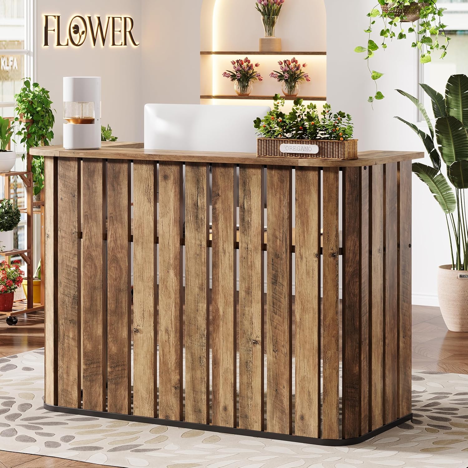 Tribesigns 63 inch W Brown U Shaped Reception Desk with Counter and Private Panel