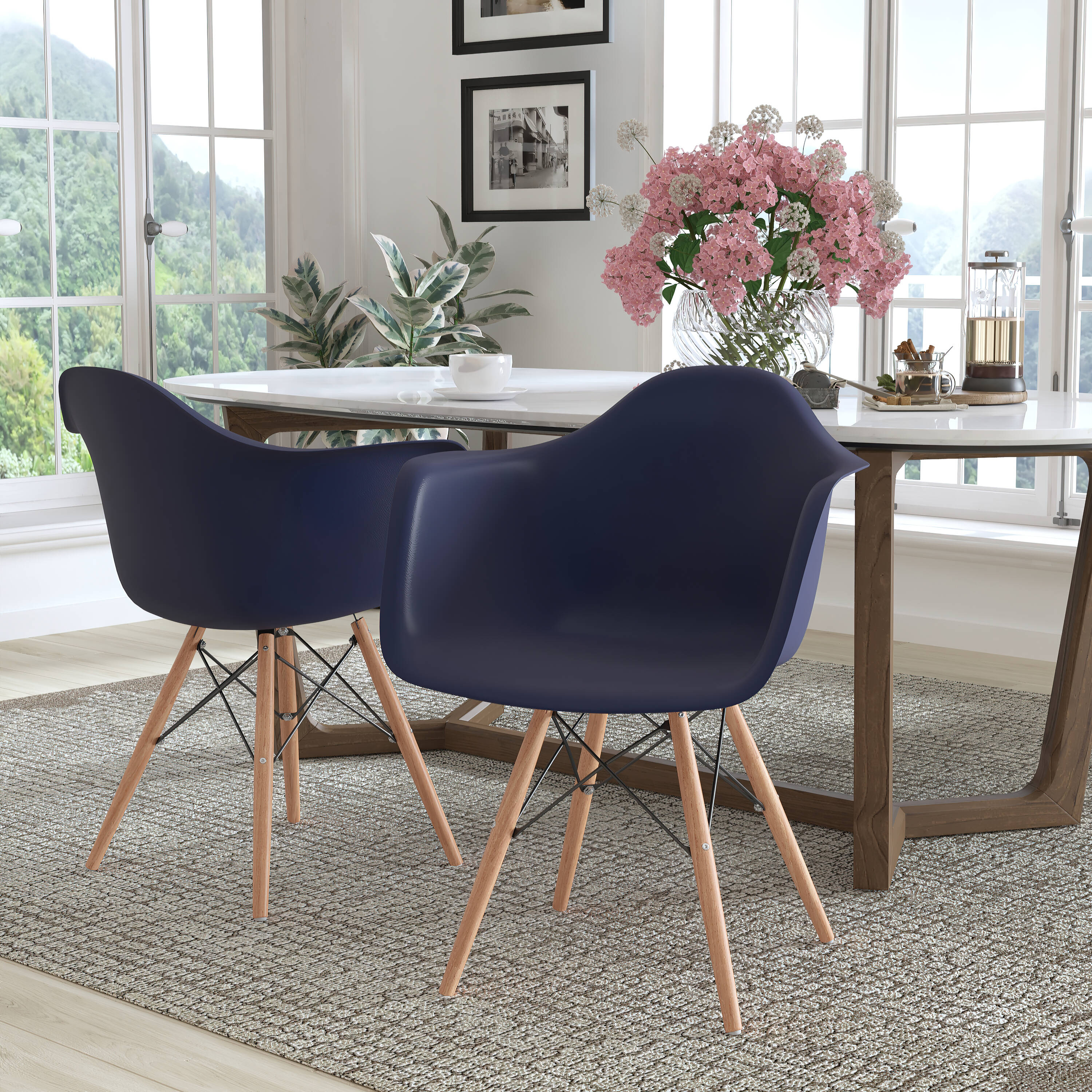 Navy Plastic Side Chair with Wooden Legs, Set of 2