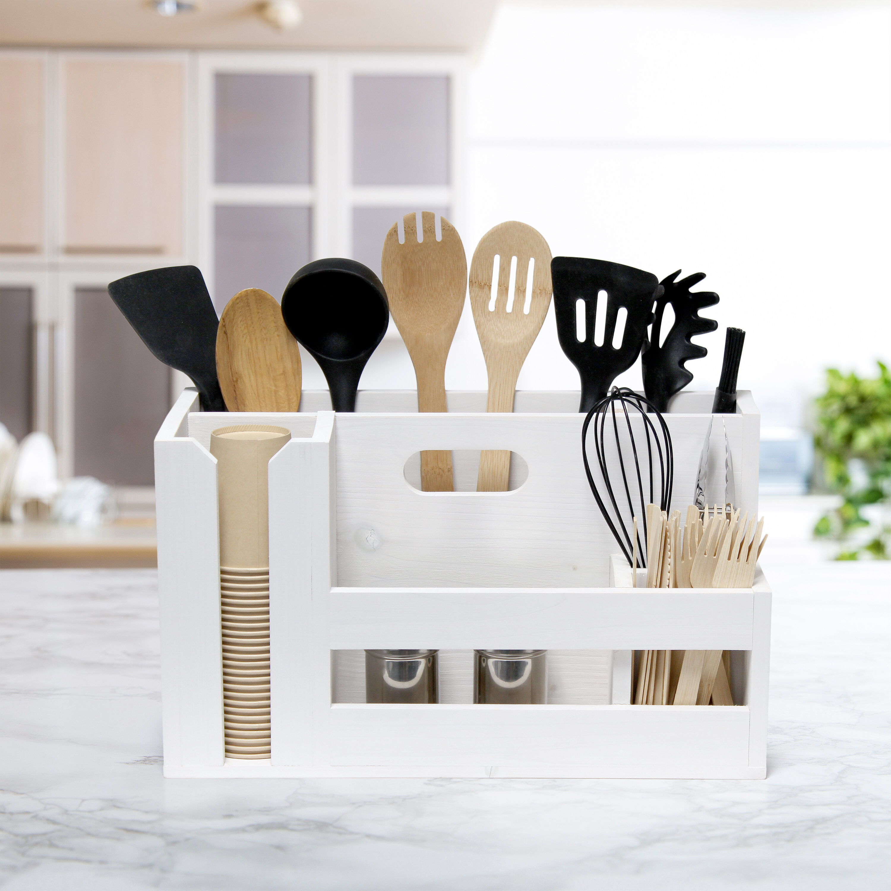 White Wash Farmhouse Wooden Utensil and Condiment Caddy