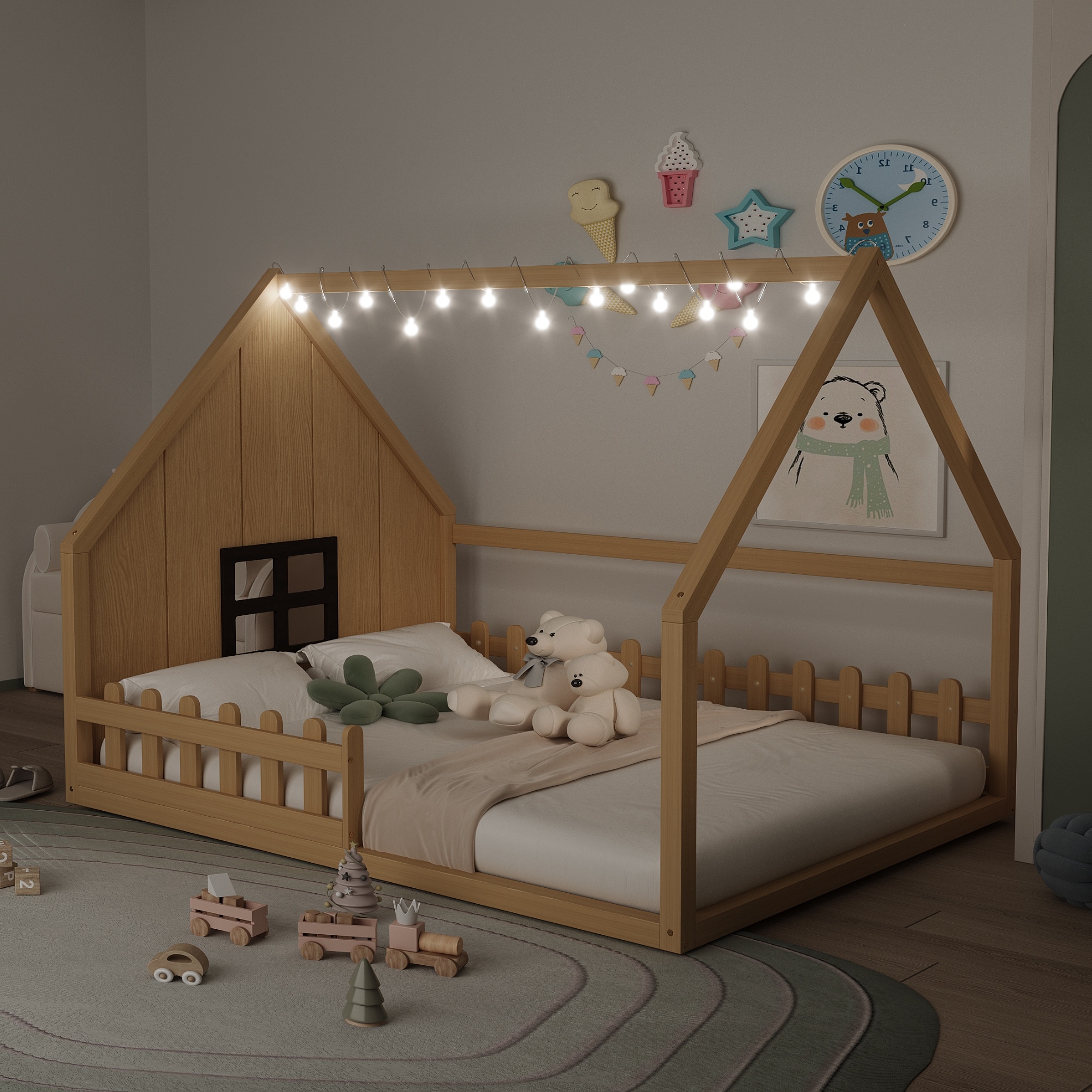 HyperDrop Cart Natural Wood Full Size House Bed with Window Design and Fence Shape Frame