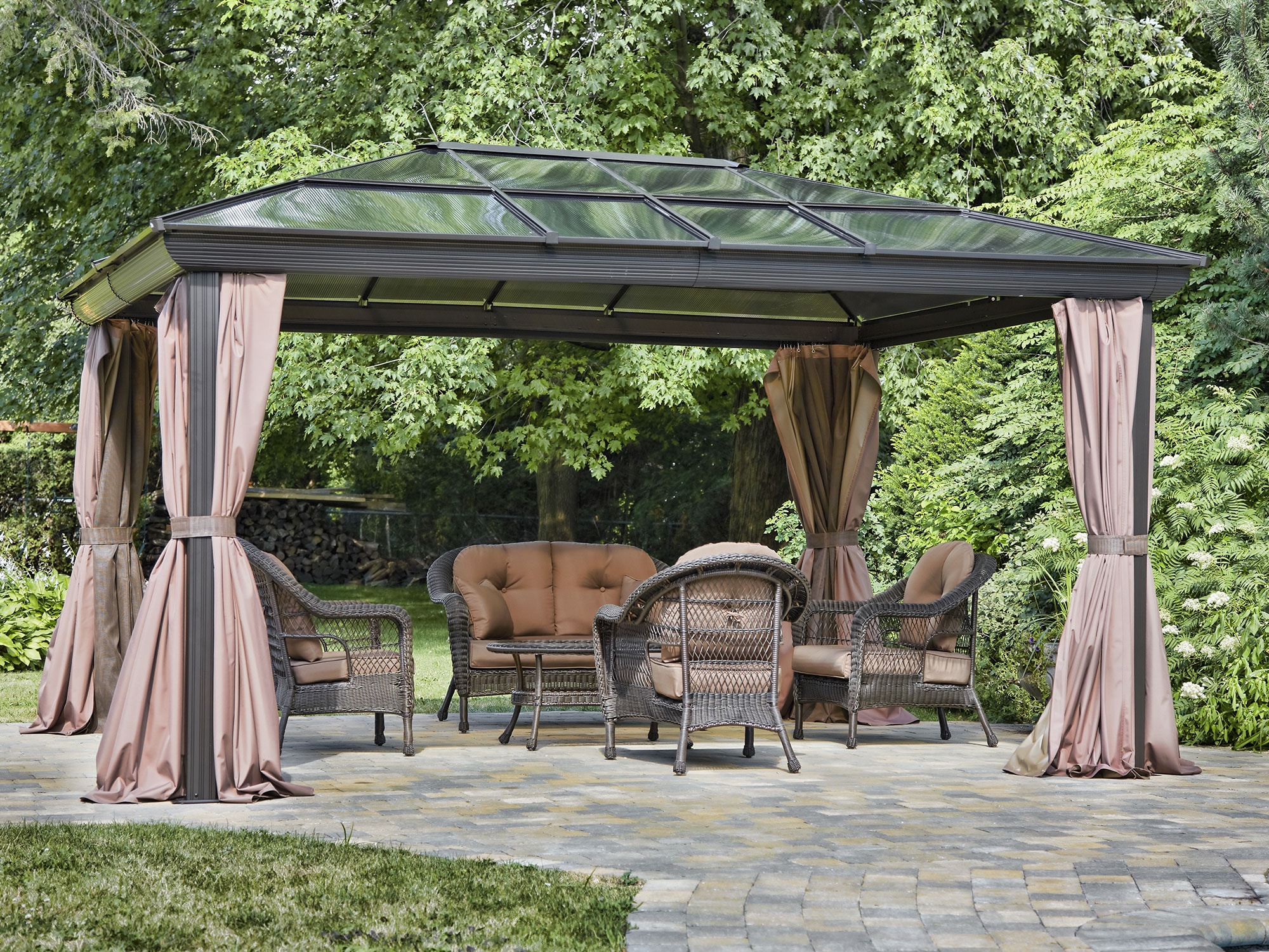 Gazebo Penguin 43226-22 11.91-ft x 16.16-ft Venus gazebo Rectangle Brown Metal Polycarbonate Roof Gazebo with Screen Included