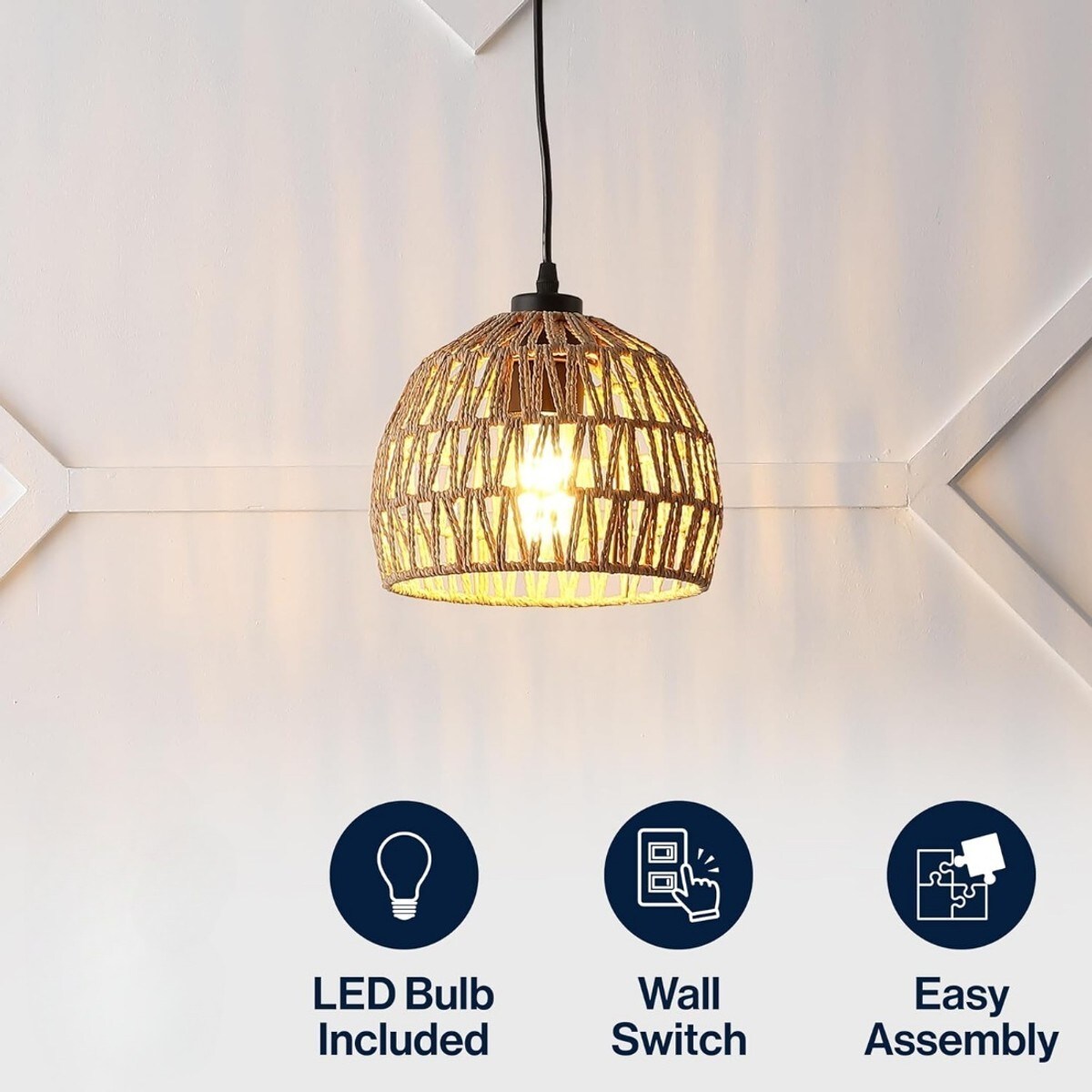 Slagawa 8.25 in Brown Modern Bohemian Woven Rope LED Pendant Light with ...