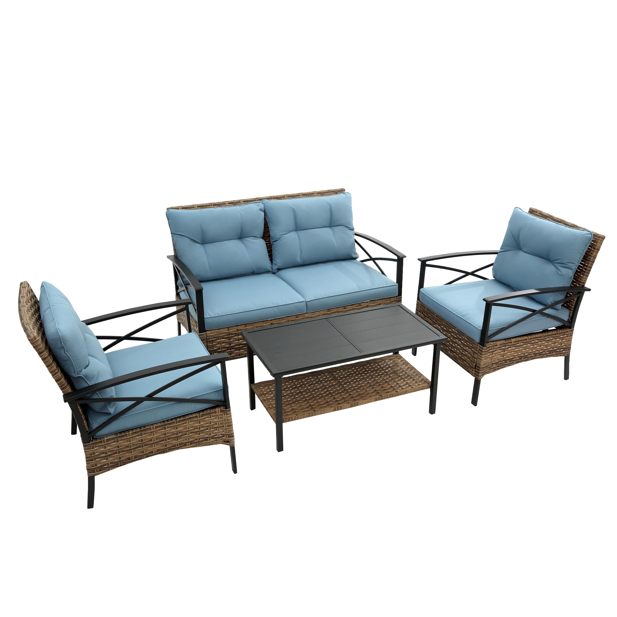 JIMSMAISON BOHFPCS01BL 4 -Piece Wicker Patio Conversation Set with Blue Cushions