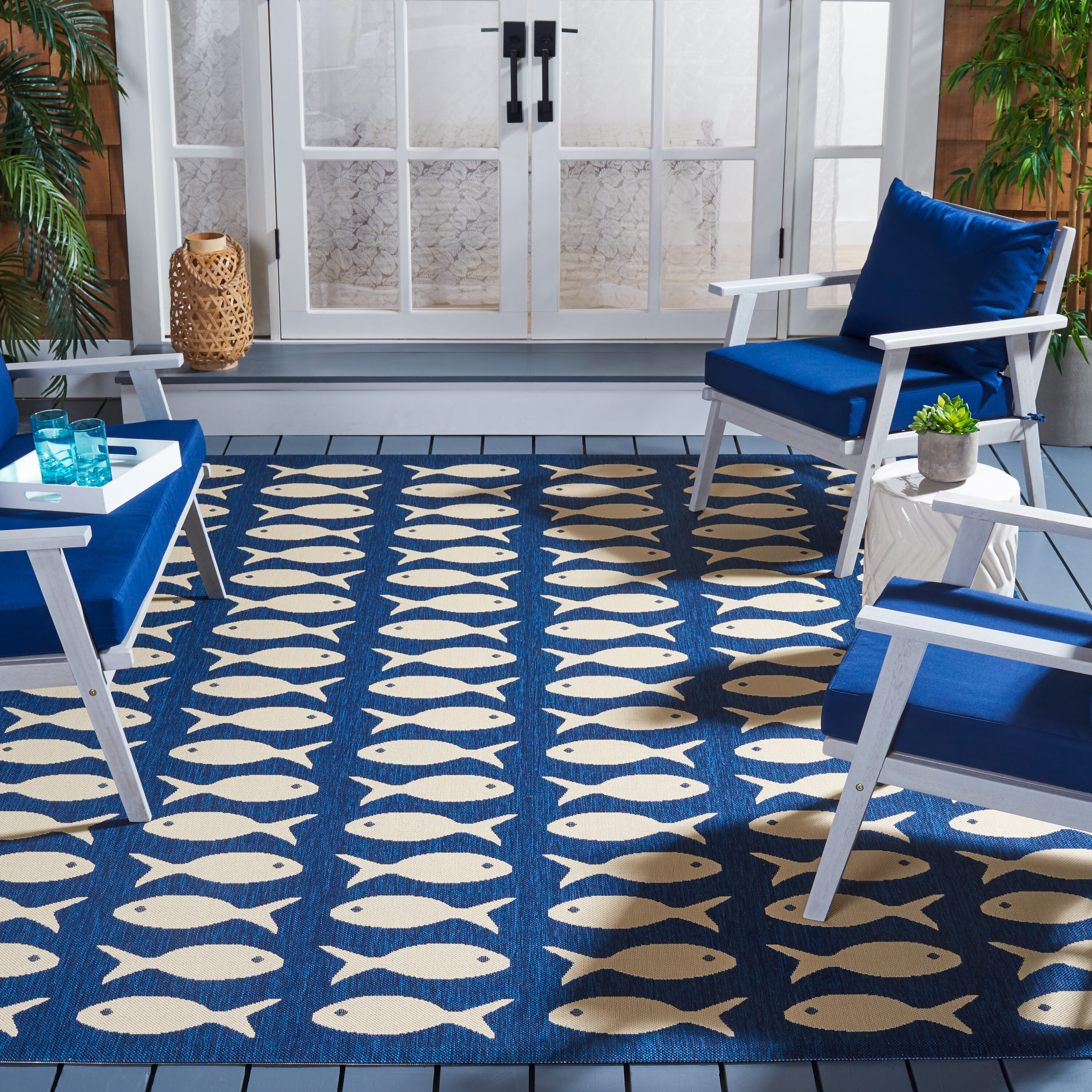 Safavieh CY6013-268-4SQ Courtyard 4 x 4 (ft) Loomed Synthetic Navy/Beige Square Indoor/Outdoor Geometric Area rug