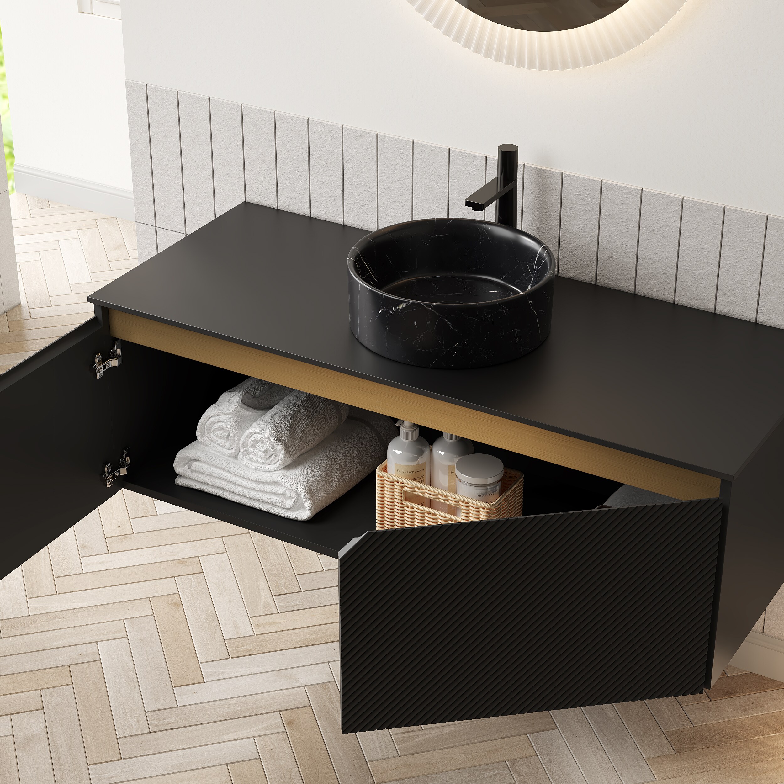 Huluwat 48 Inch Floating Bathroom Vanity with Sink Black Ceramic Vessel ...