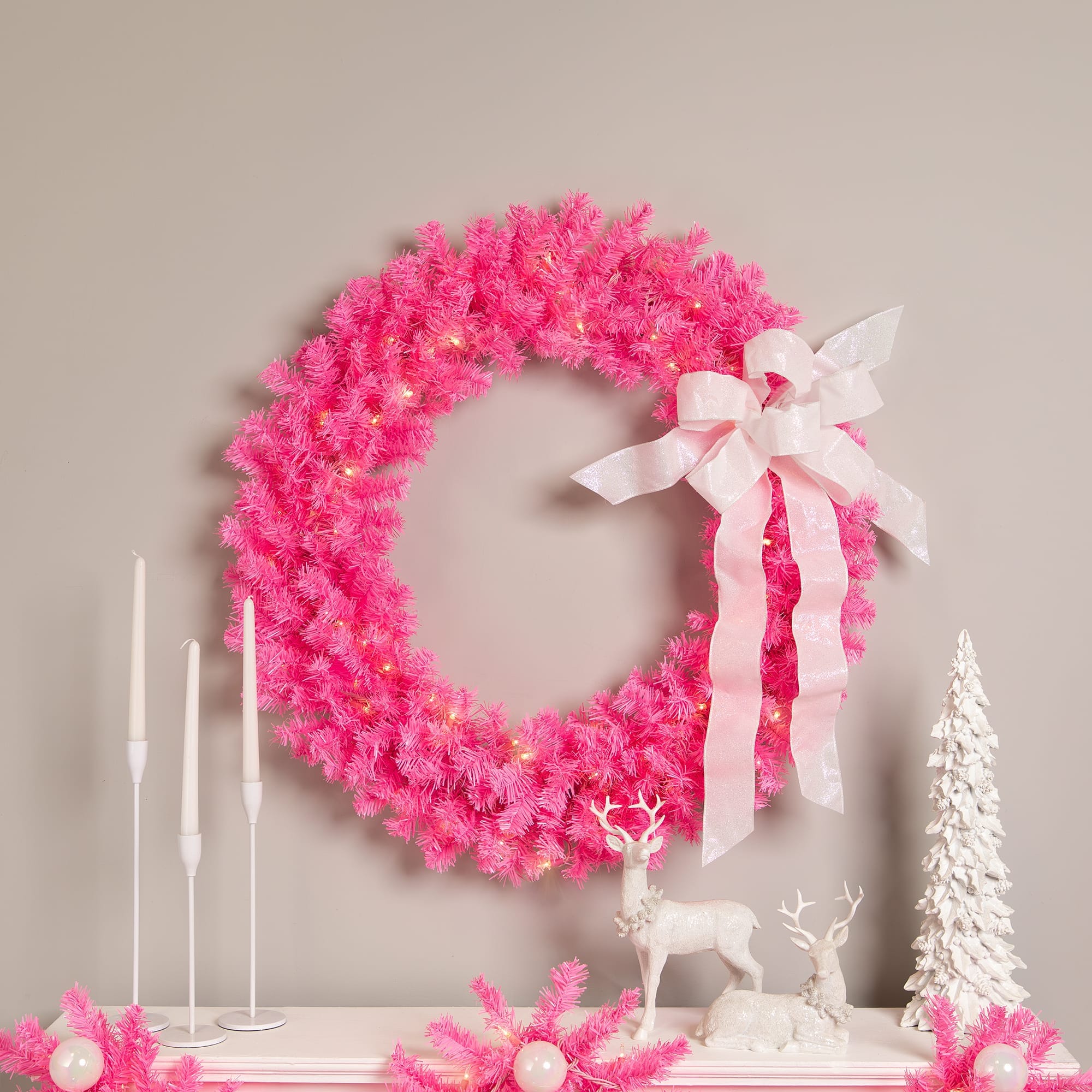 Northlight Pre-Lit Artificial Pine Christmas Wreath - 36 inch - Pink - Clear Lights