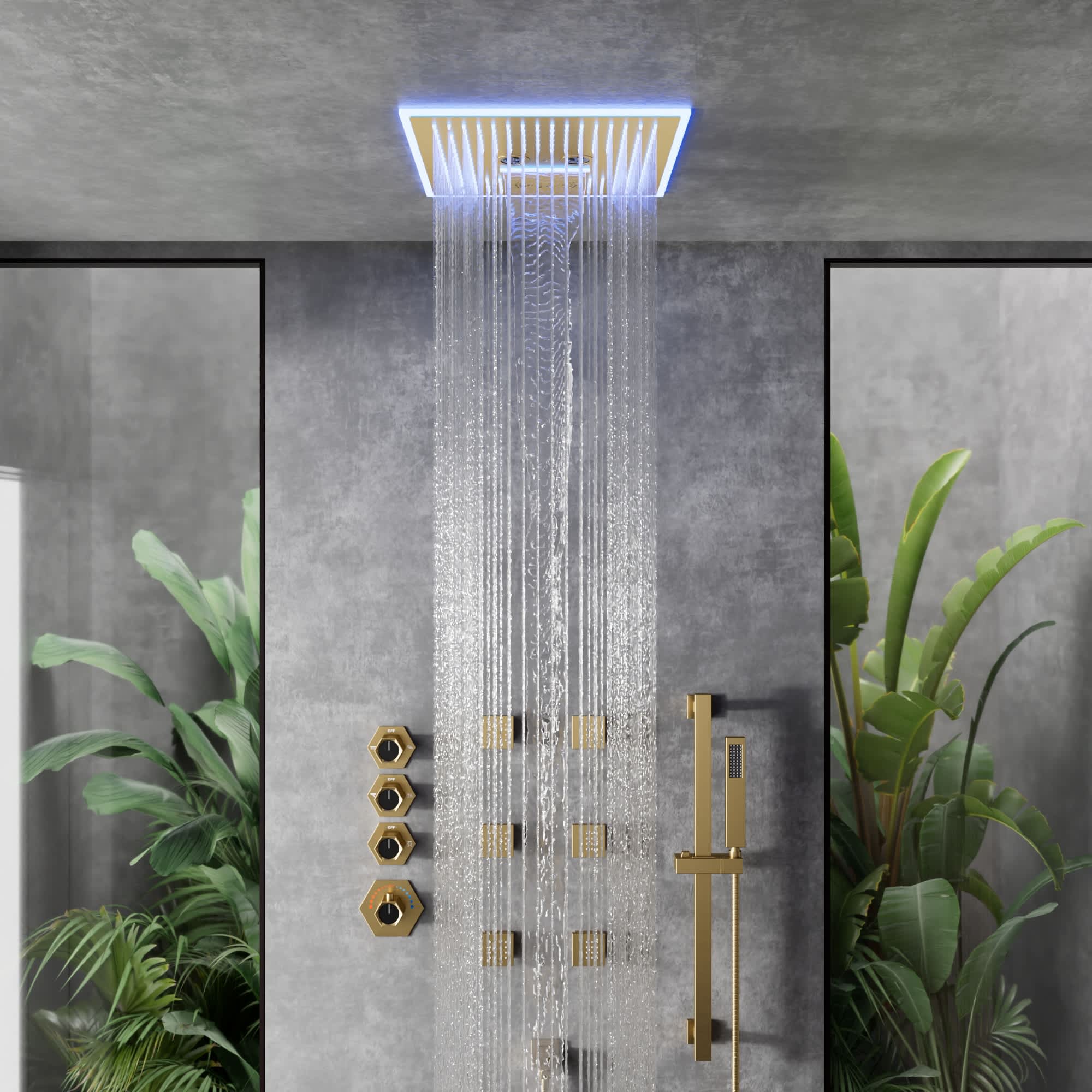 EVERSTEIN SFS-1047-GD16 LED Thermostatic Shower Faucet with 16-in High-Pressure Shower Head featuring Bluetooth Music in Brushed Gold