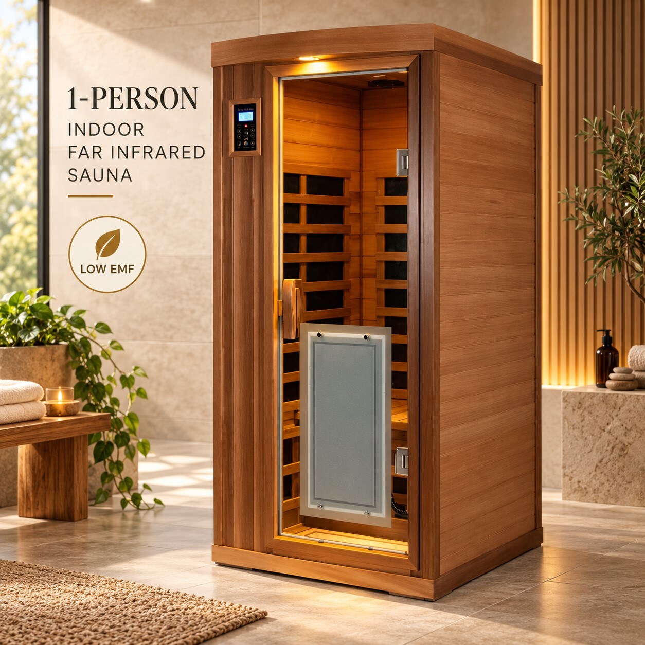 HBUDS 1 Person Red Cedar Low EMF Far Infrared Sauna Room Deluxe with Bluetooth for Indoor Home