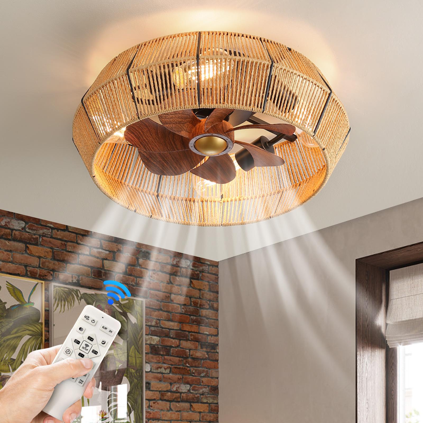 Bayfeve BFSHL-35235-CF 19-in Flush Mount Black with Brown ABS Blades Cage Ceiling Fan With Light - Remote Included ( 7 -Blade )