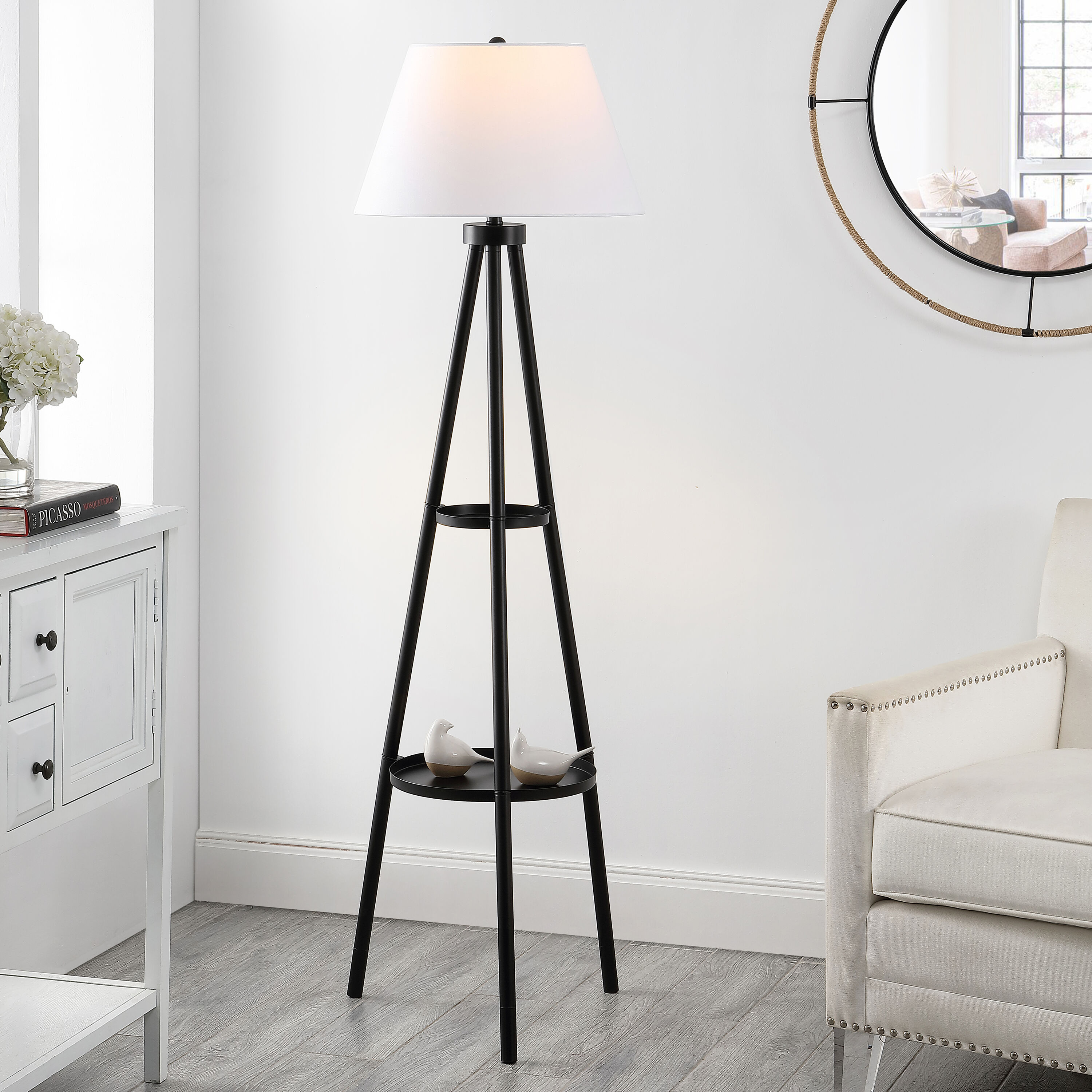 Dorea Black Tripod Floor Lamp with Dual Tray Shelves
