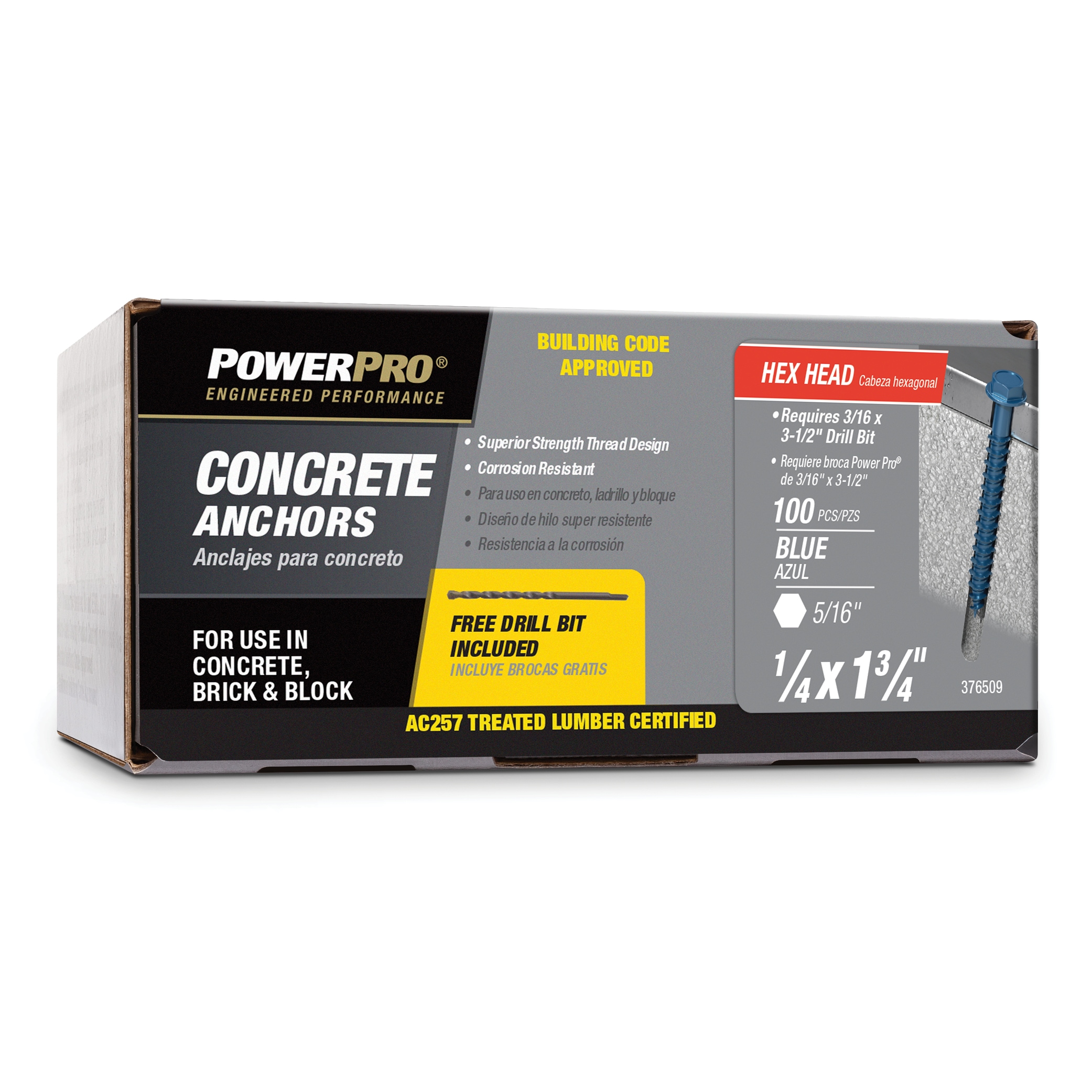 Power Pro 376509 365-lbs. 1/4-in x 1-3/4-in Concrete Screws Anchors 100 -Pack