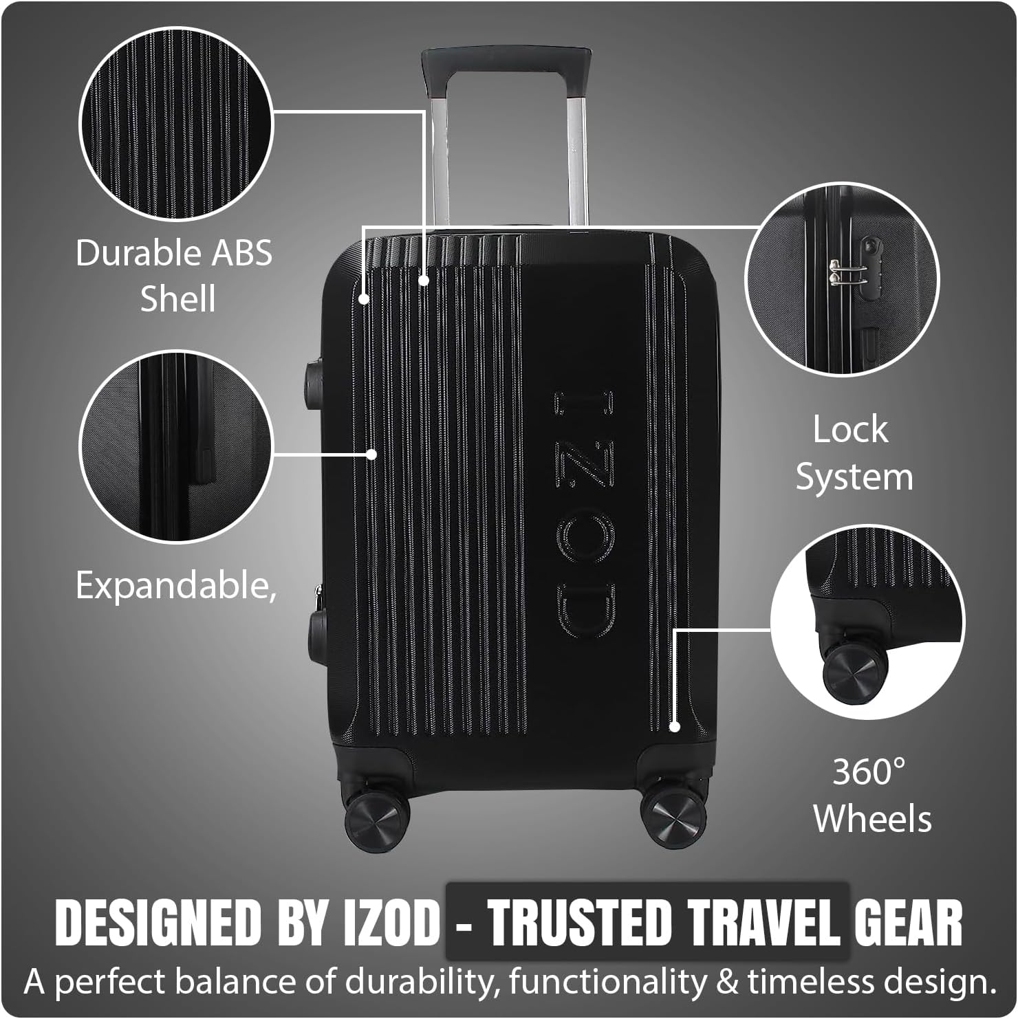 IZOD Zane 28 Inch Lightweight Expandable ABS Luggage Set with Dual