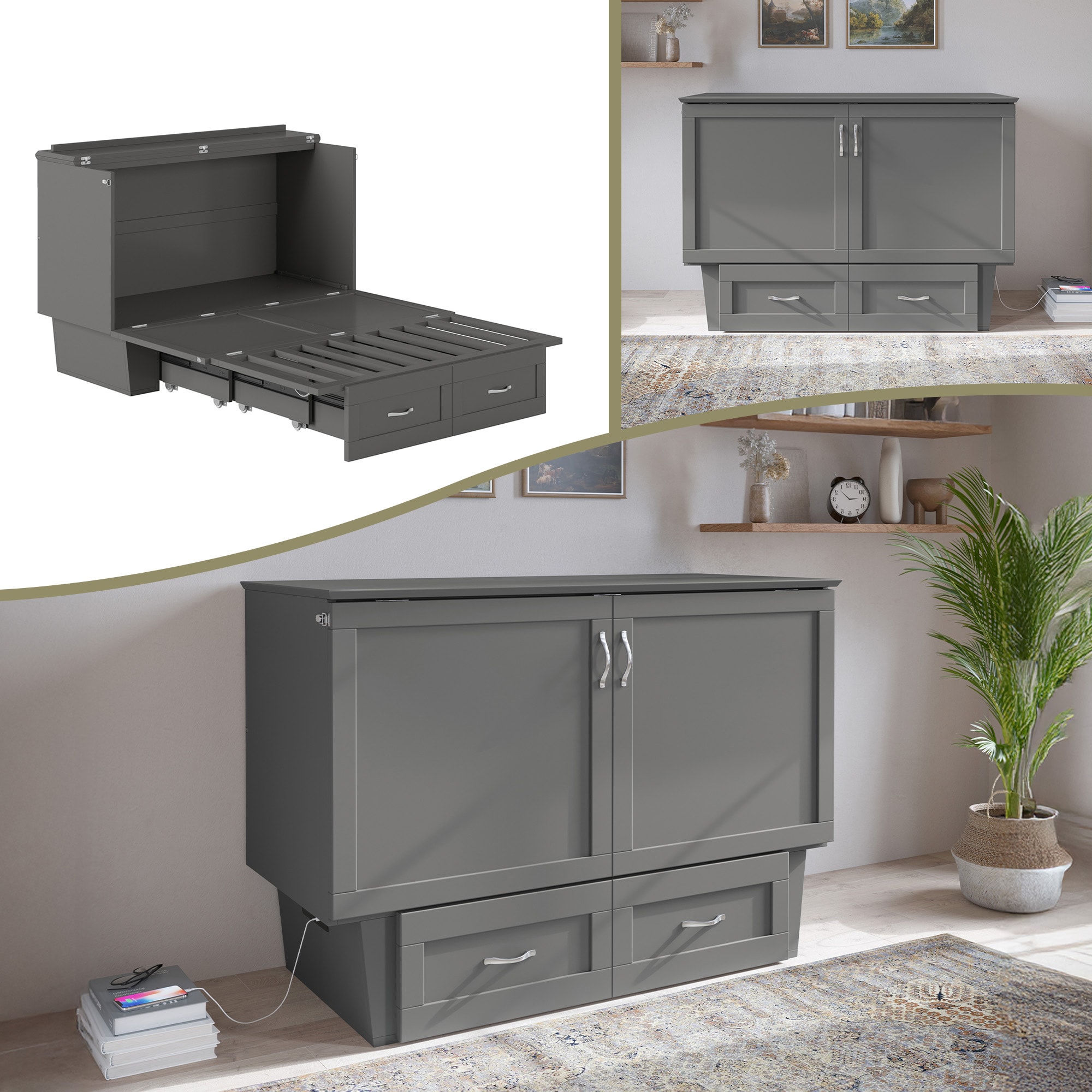 AFI AC633109 Dahlia No Mattress Grey Full Wood Murphy Bed with Storage