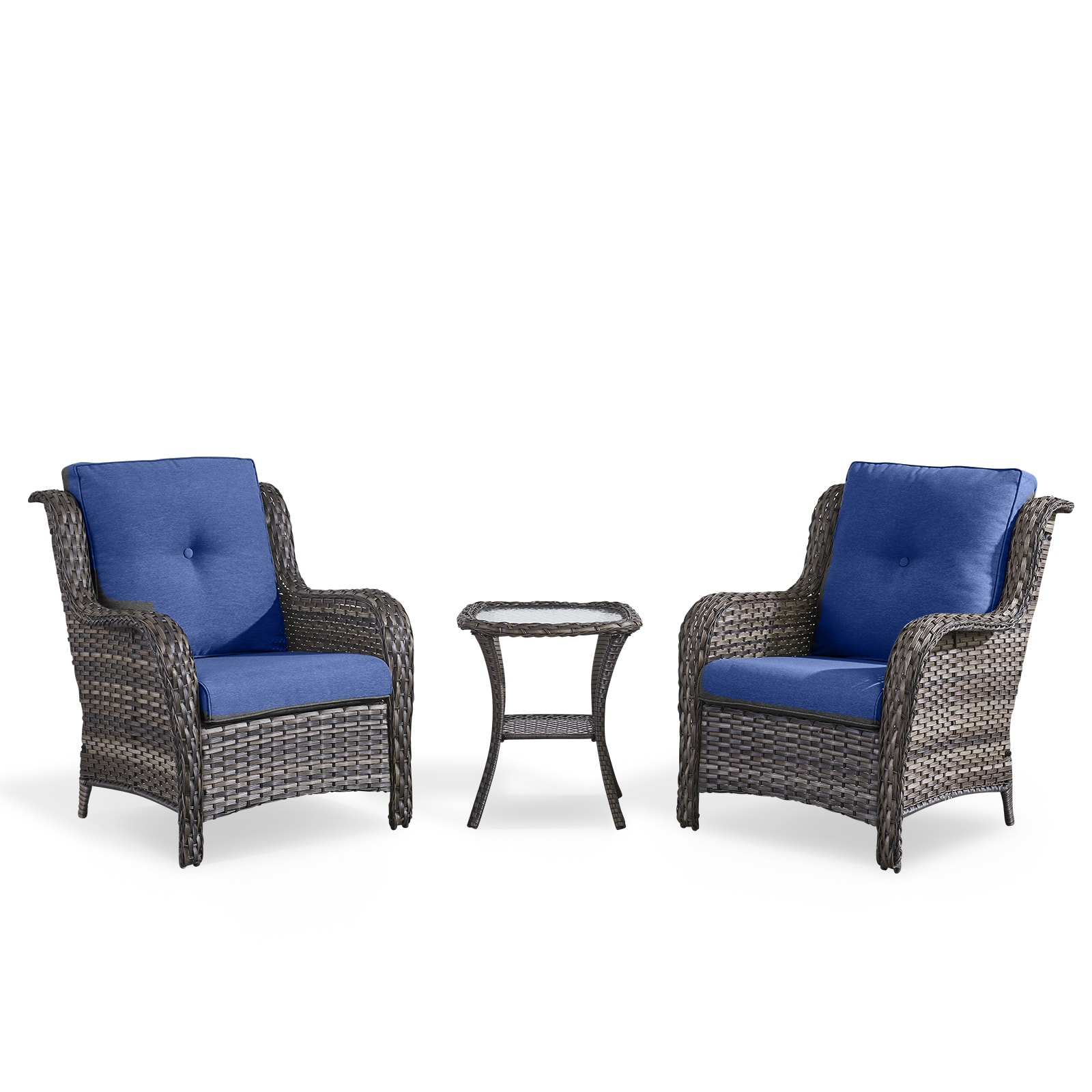 Rilyson FS017026-1 Curved armrest Set of 2 Wicker Gray Wicker Frame Stationary Conversation Chair with Blue Blue Cushioned Seat