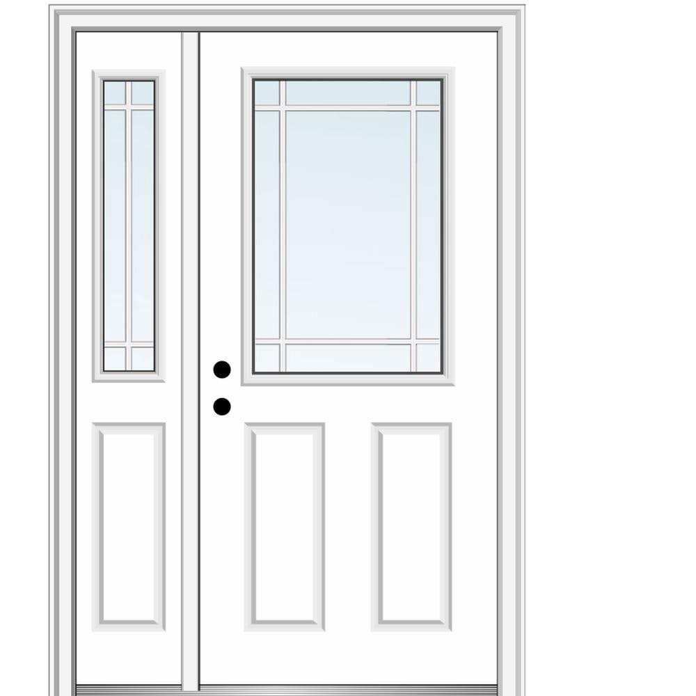 MMI DOOR ZZ29517R 48-in x 80-in x 6-9/16-in Fiberglass Half lite Right-hand inswing Primed Prehung Front Door with Left Sidelight with Brickmould Insulating core with Grilles
