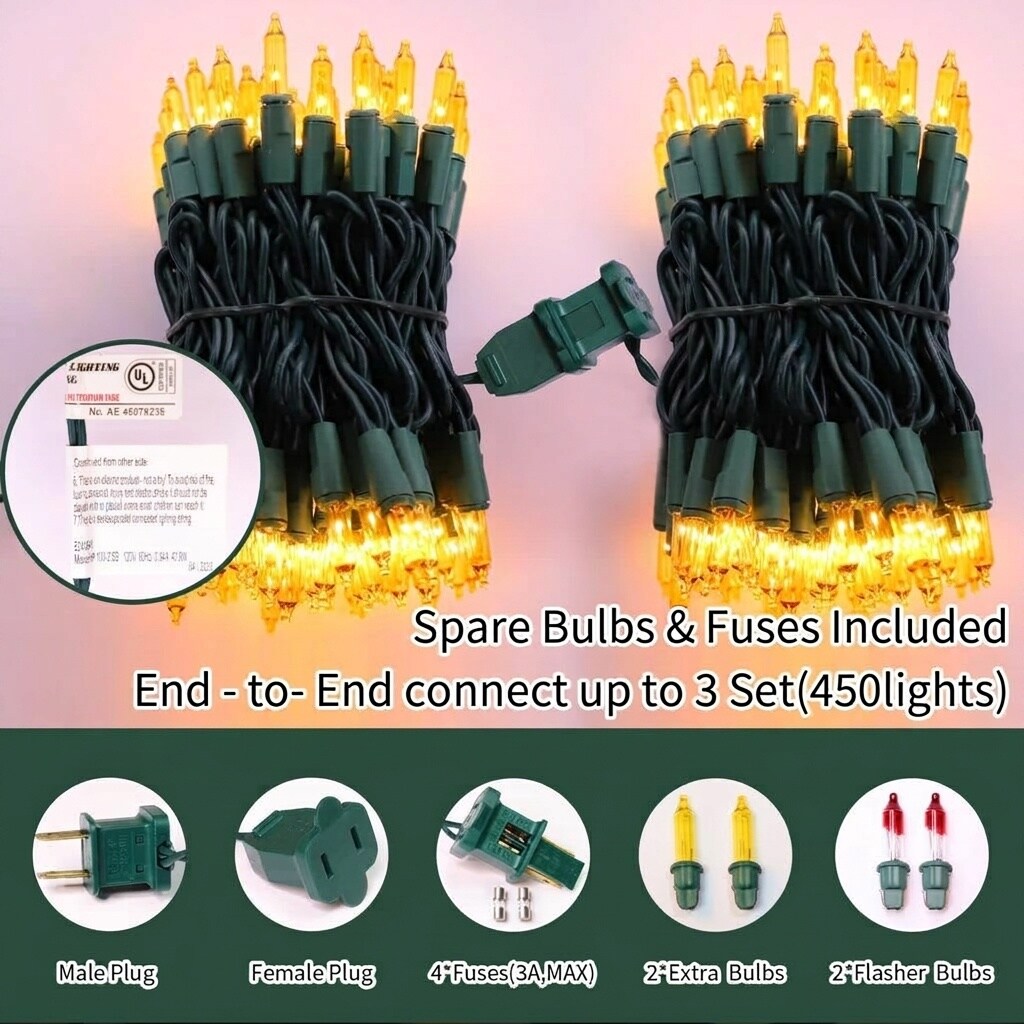 Anqtovp 150 Light Yellow Christmas String Lights Set UL Certified Mini ...