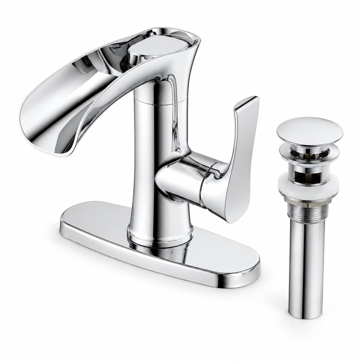GarveeLife - Chrome Single Handle Waterfall Bathroom Sink Faucet with Deck Plate and Pop-Up Drain