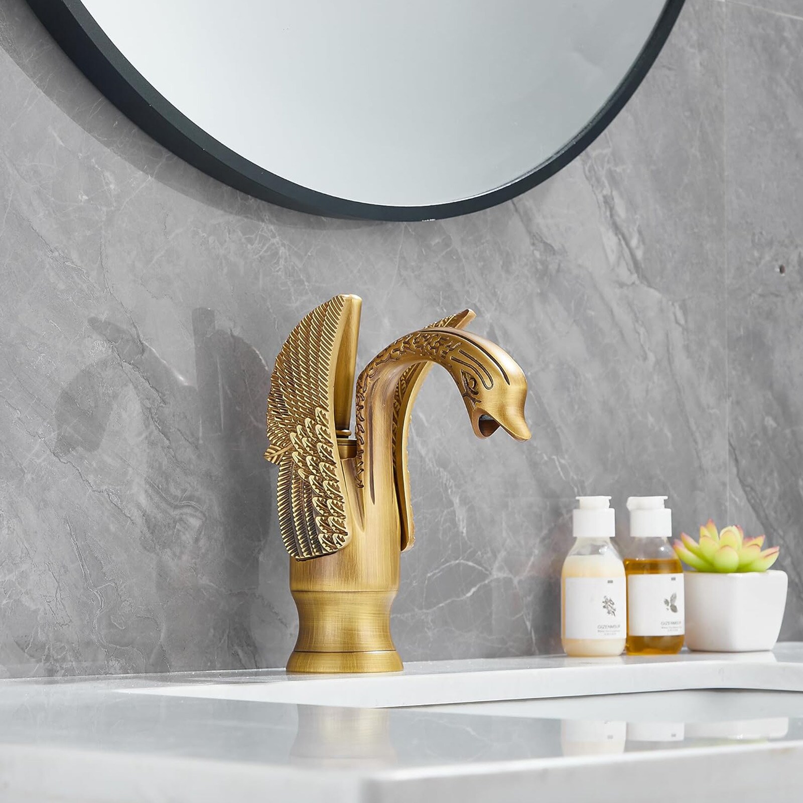 Antique Brass Swan-Shaped Single Handle Bathroom Faucet