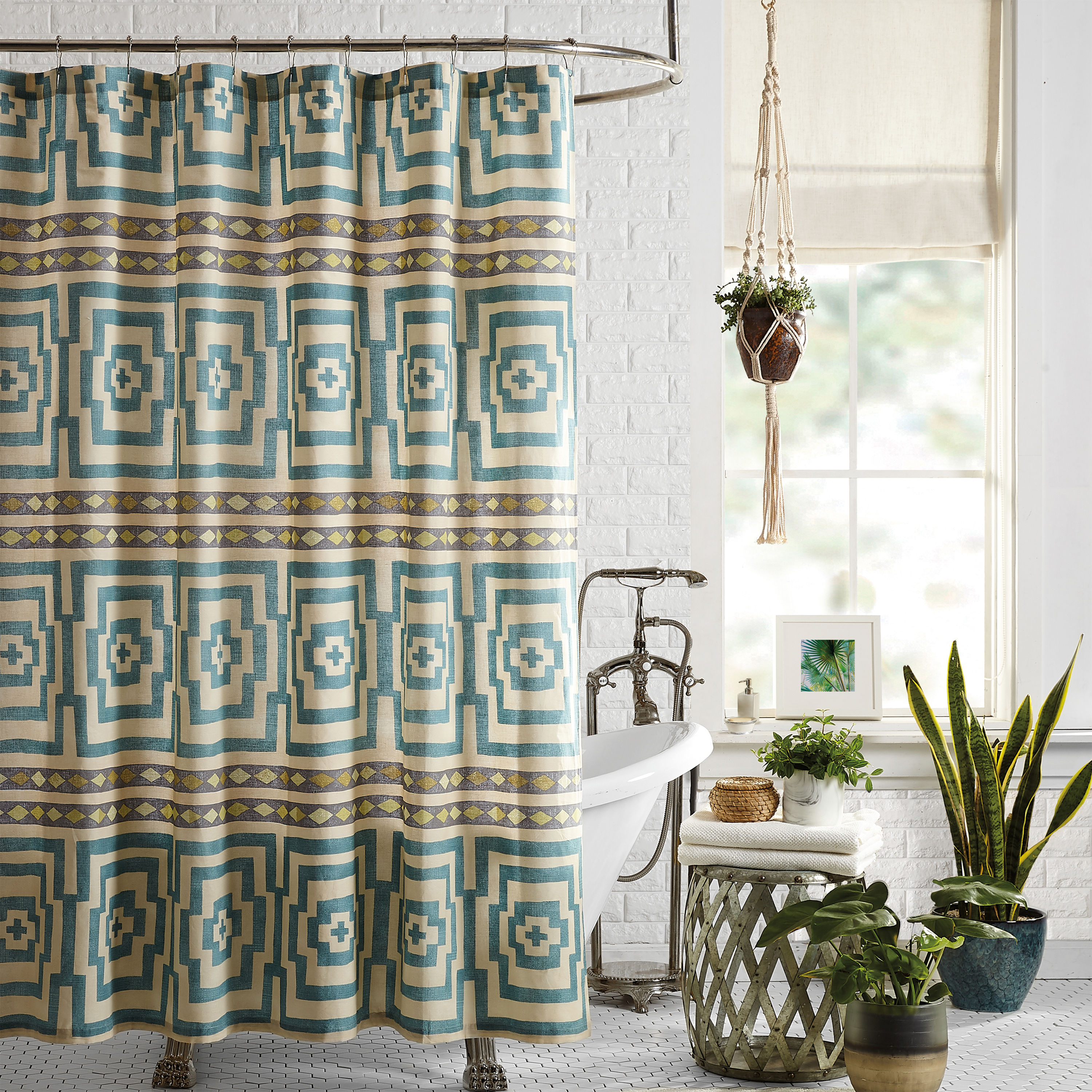 Jungalow A075116BLVLE Hypnotic 72-in W x 72-in L Blue Geometric Mildew Resistant Cotton Shower Curtain