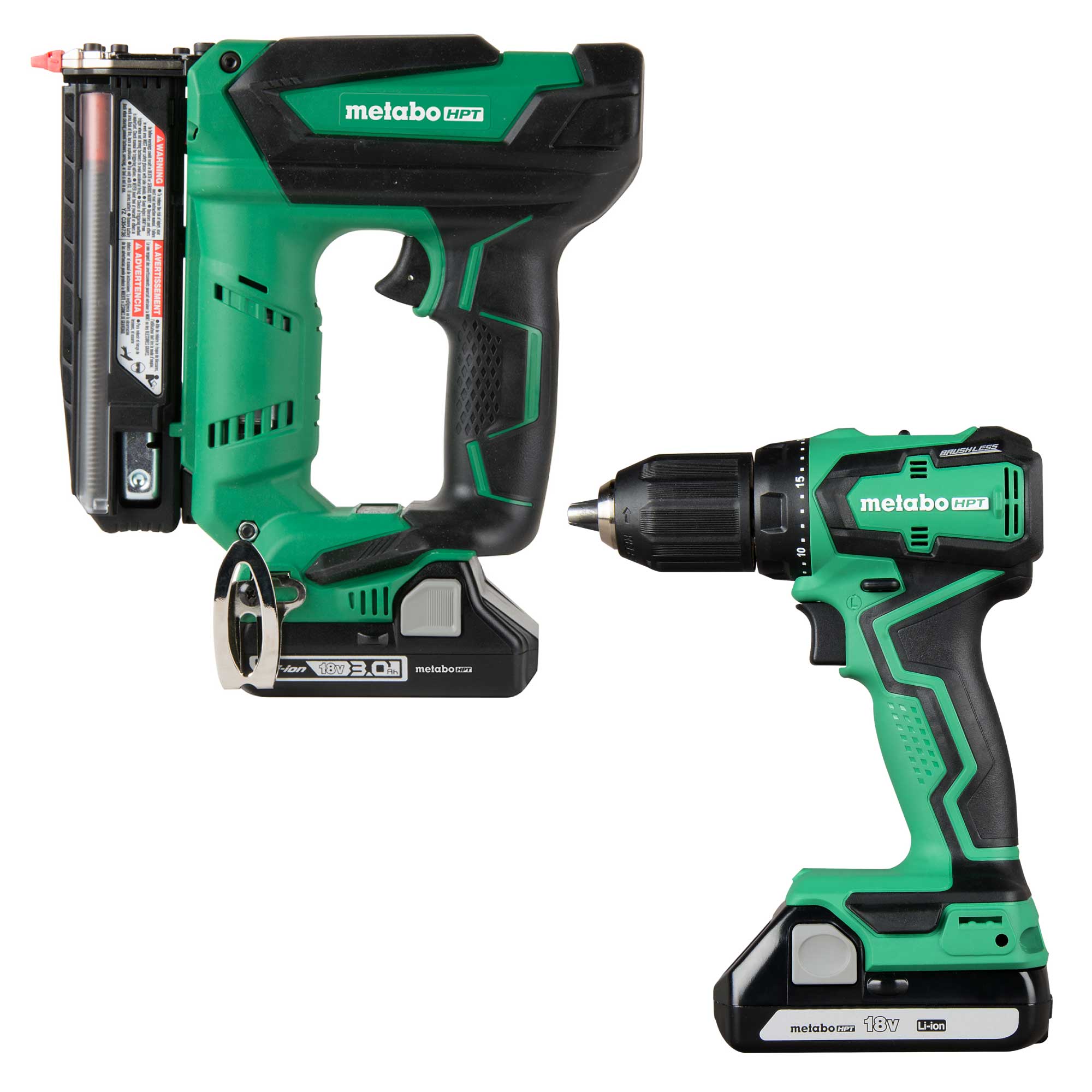 Metabo HPT MultiVolt 18-Volt 23-Gauge Cordless Pin Nailer with MultiVolt 18-volt 1/2-in Keyless Brushless Cordless Drill 2-batteries included and