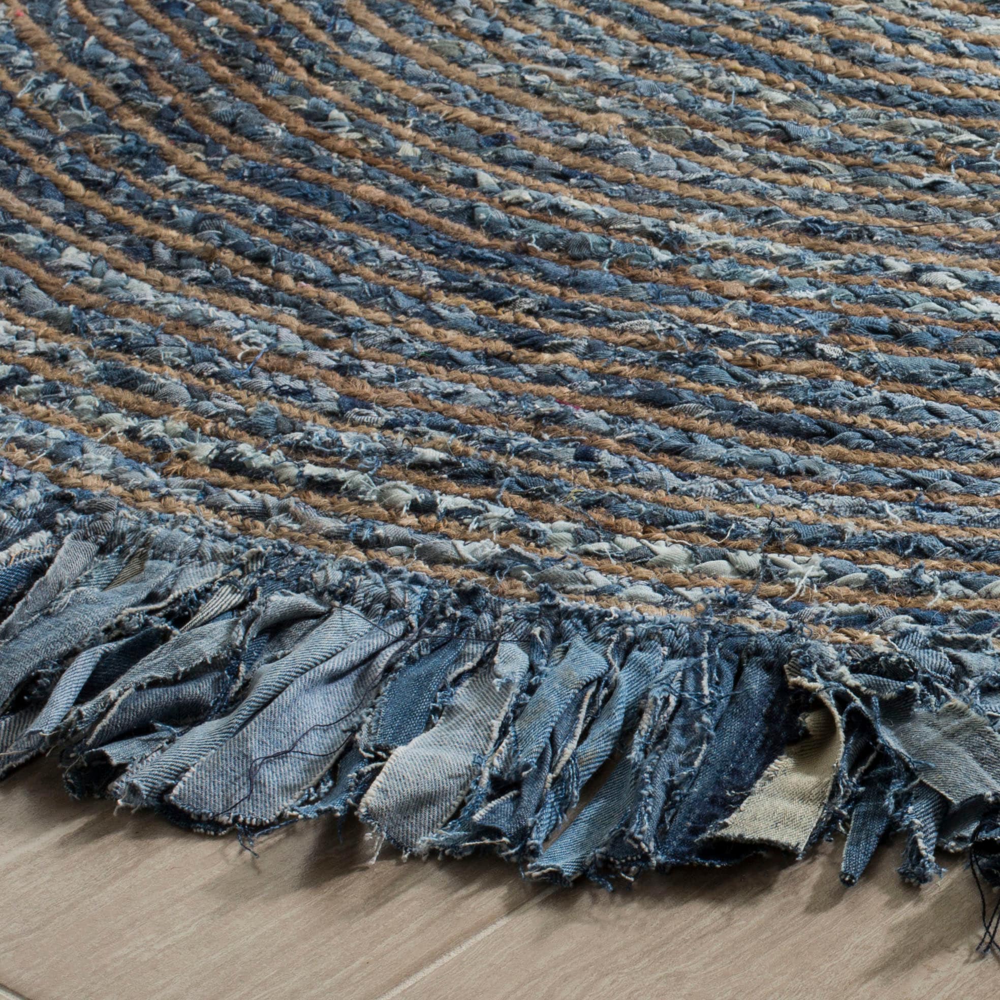 Ivory and Denim 7' Round Handwoven Boho Jute & Cotton Rug