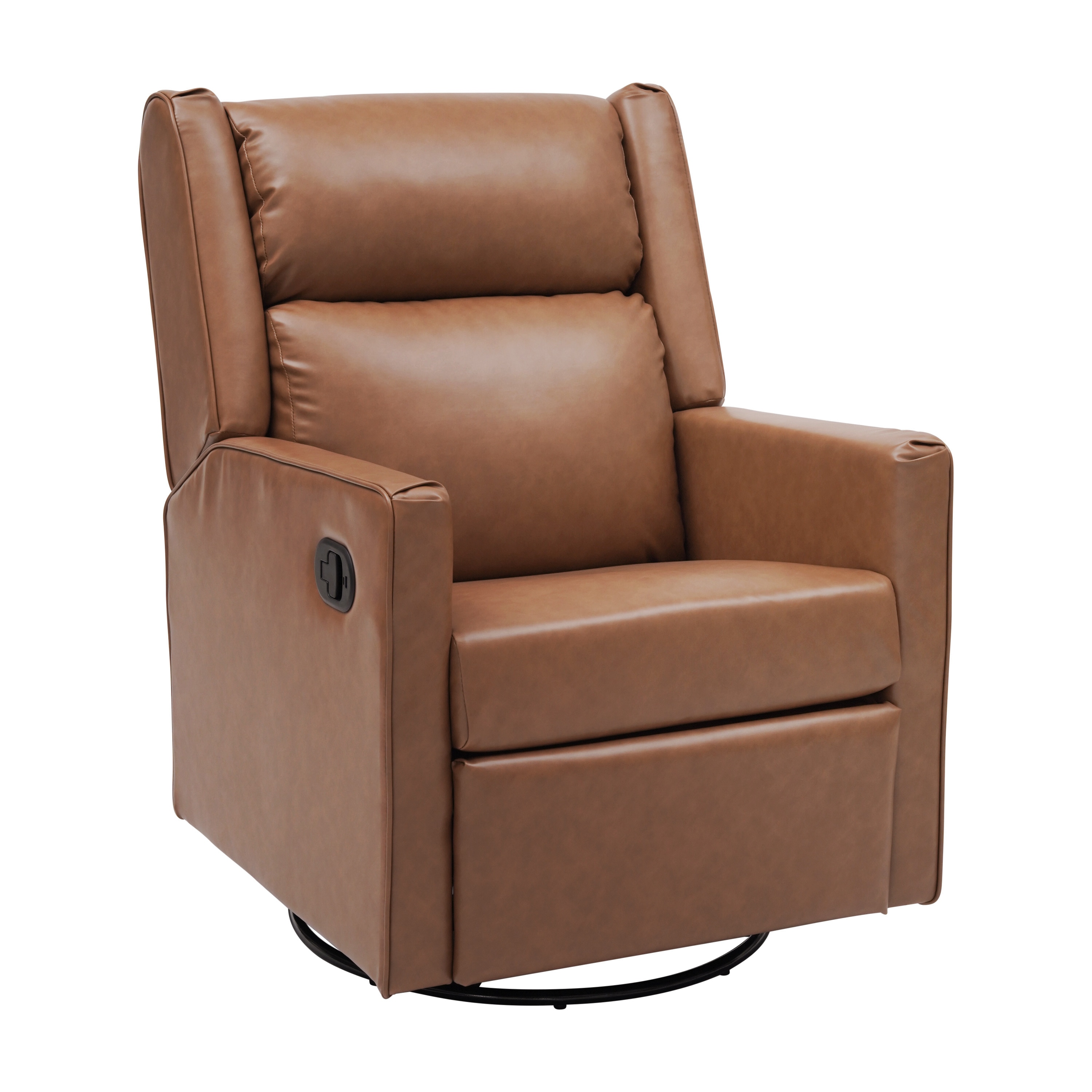 Emma + Oliver Mari Swivel Glider Rocker Recliner with USB/USB-C Charging Ports- Manual 270 Degree Swivel Recliner in Cognac Faux Leather