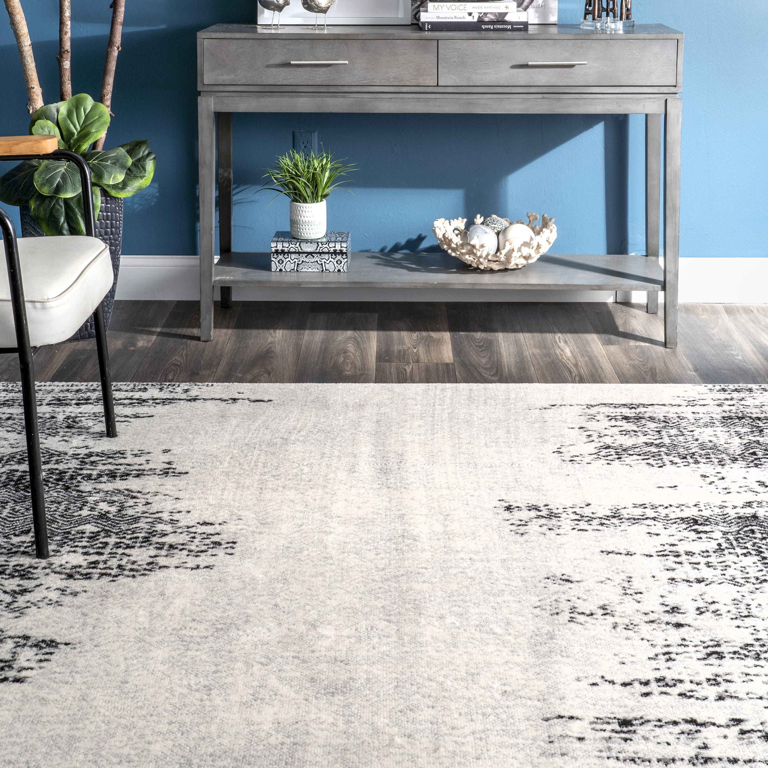 Gray and Black Abstract Synthetic Rectangular Area Rug