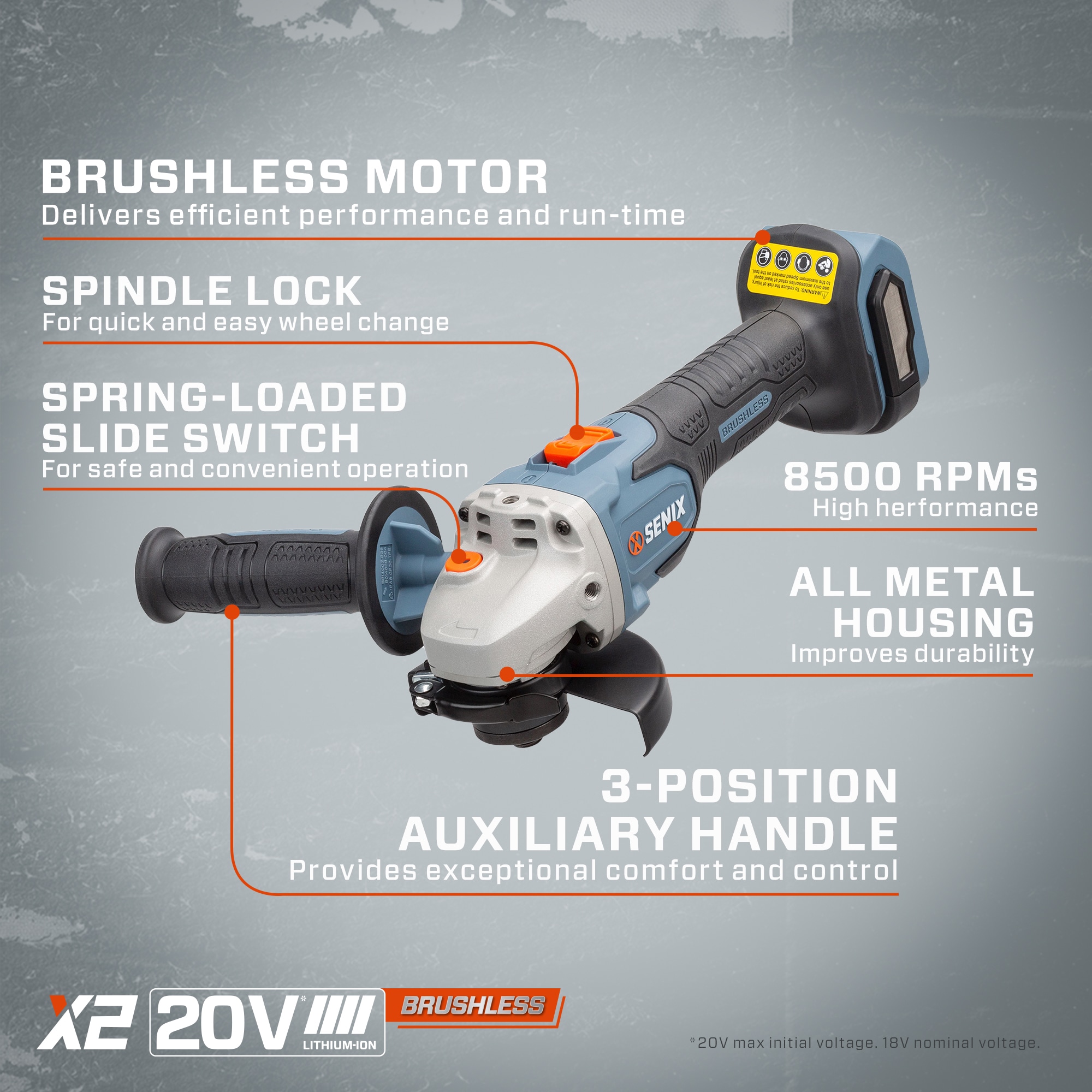 SENIX X2 4.5-in 20-volt Sliding Switch Brushless Cordless Angle Grinder (Tool Only) PAX2115-M2-0 Sansujyuku sansujyuku.com