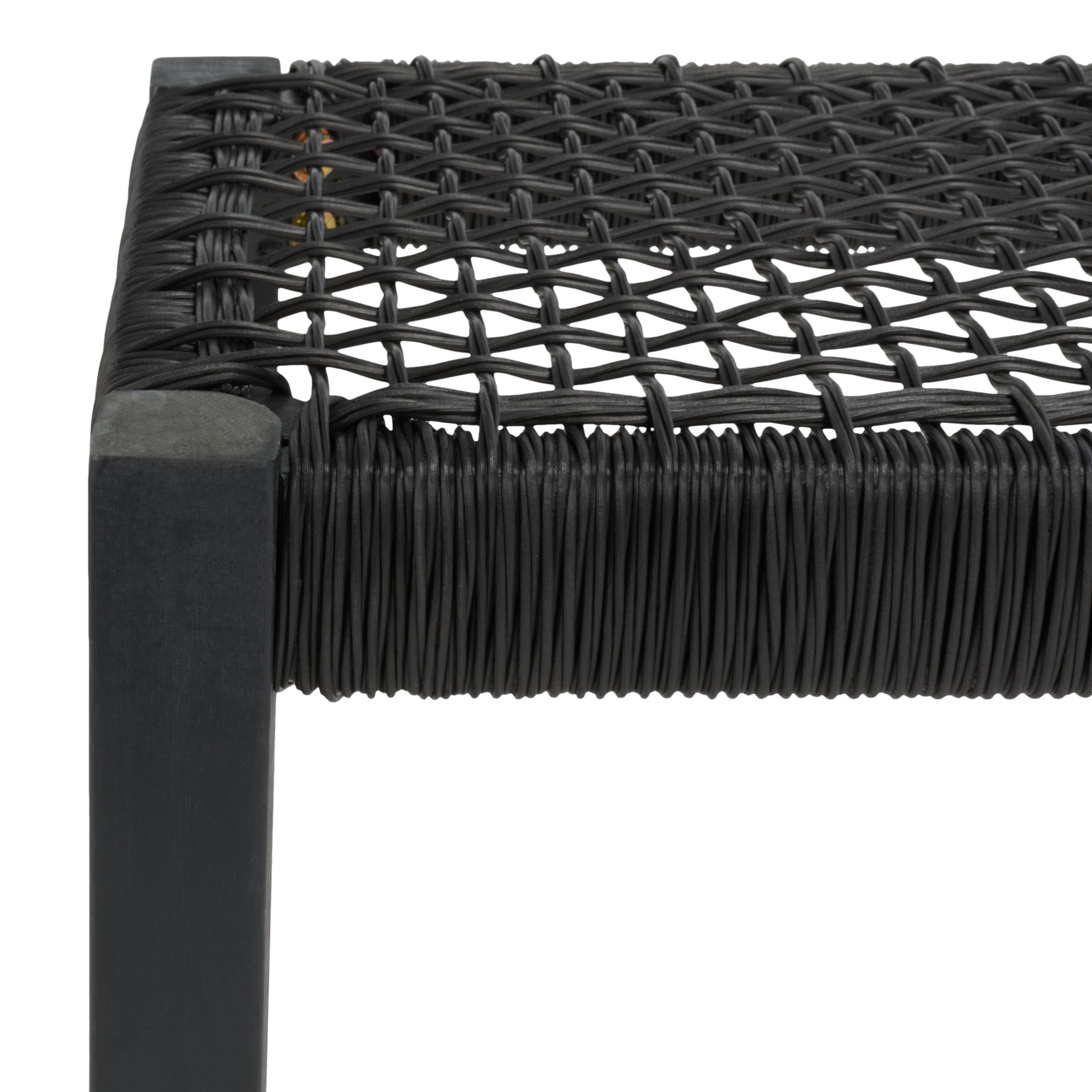 Aquina Black Acacia Wood Dining Set with Woven Rattan Benches