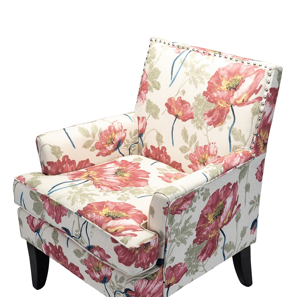 Red Floral Upholstered Accent Chair with Nailhead Trim