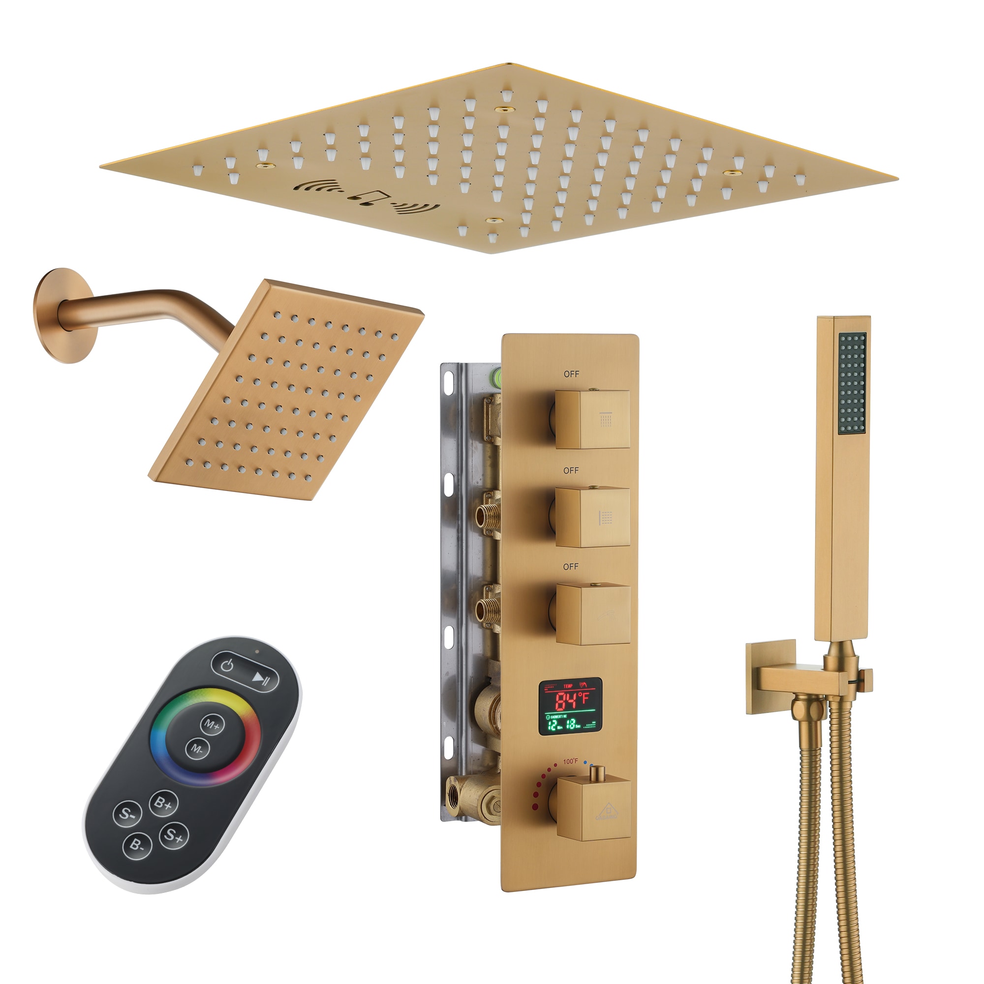 CASAINC KCHS0018-LEDBG Brushed Gold 12-in Dual Head Built-In Shower Faucet System with 3-way Diverter ( Thermostatic Valve Included )