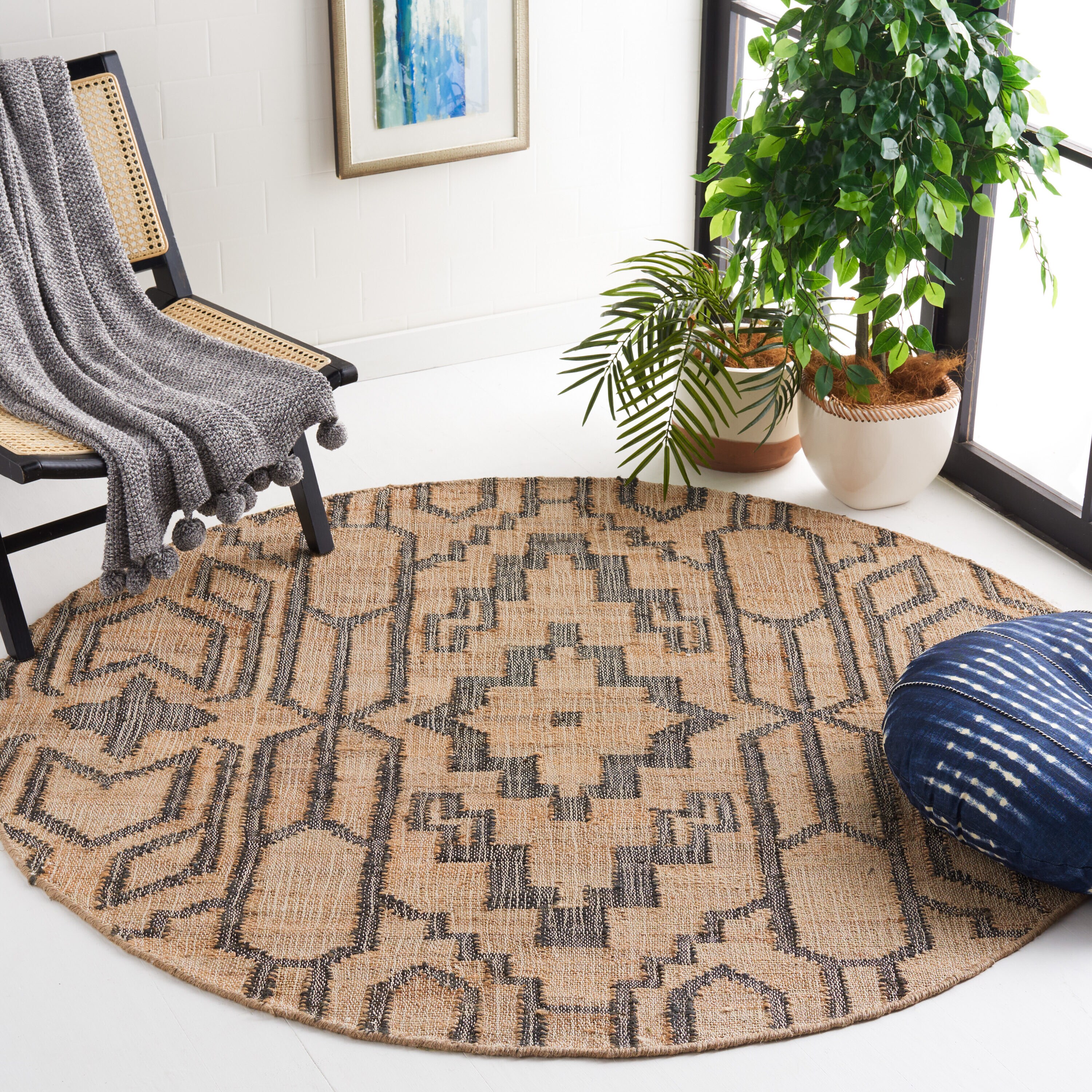  Natural Fiber Natural/Black Bohemian 6ft x 6ft Round Rug